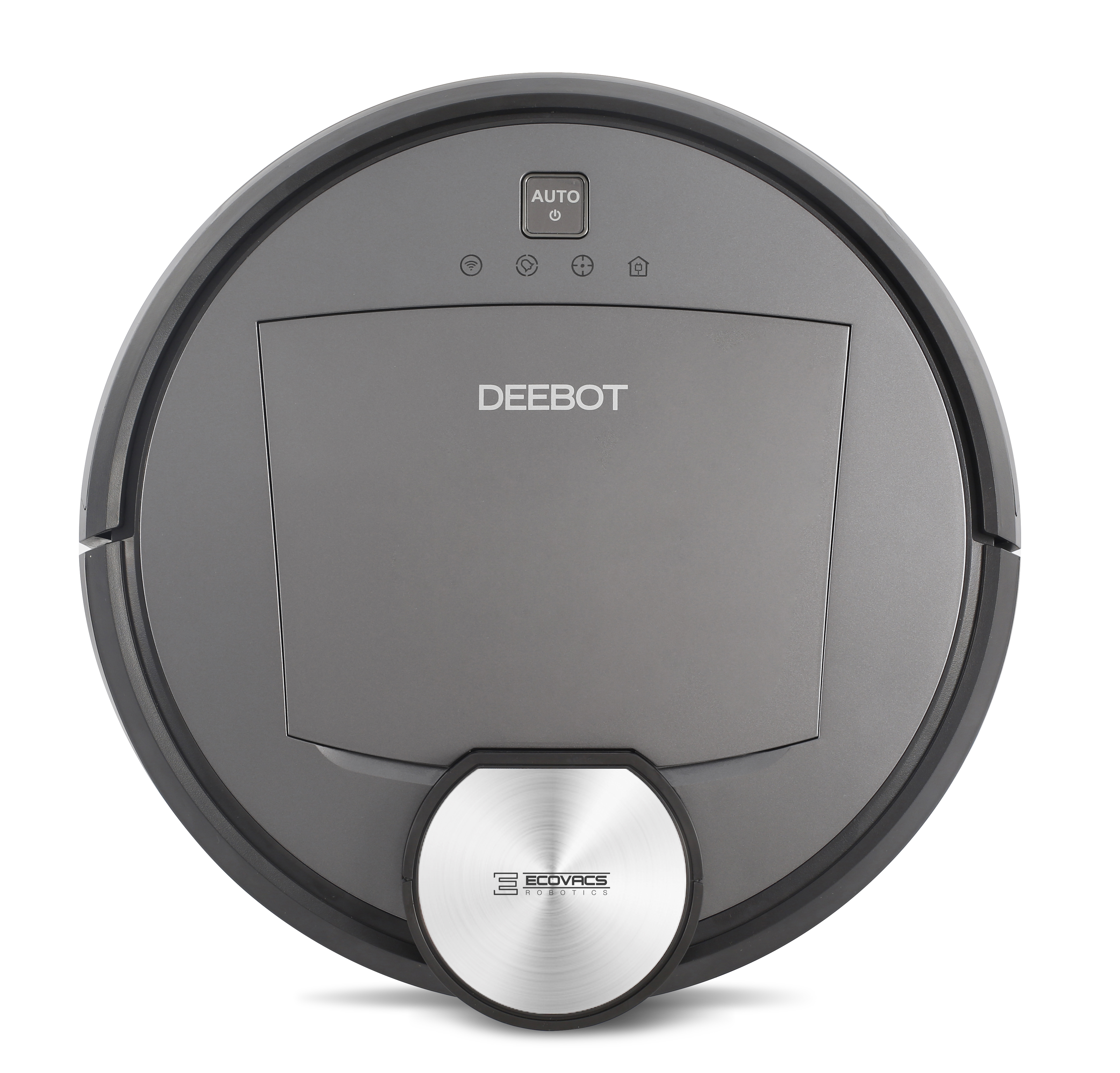 Grauer DEEBOT-Roboter-Staubsauger. Er hat ein rundes Design mit Tasten und dem Logo von ECOVACS Robotics.