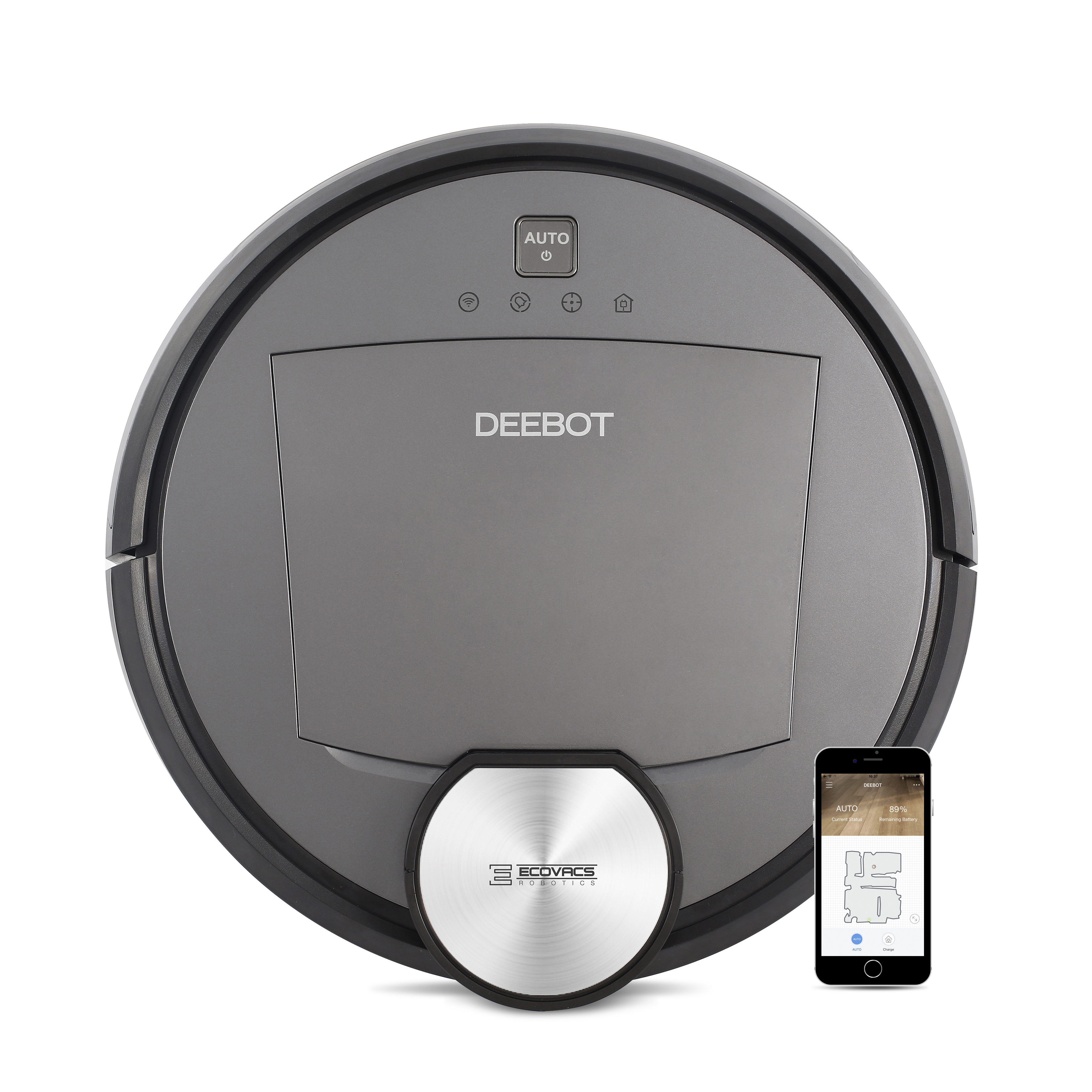 Draufsicht auf einen grauen DEEBOT Roboter-Staubsauger mit Smartphone, das eine Karte zeigt.