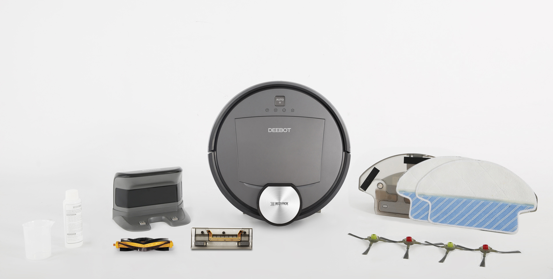 DEEBOT Roboter-Staubsauger und Zubehör auf weißem Hintergrund.