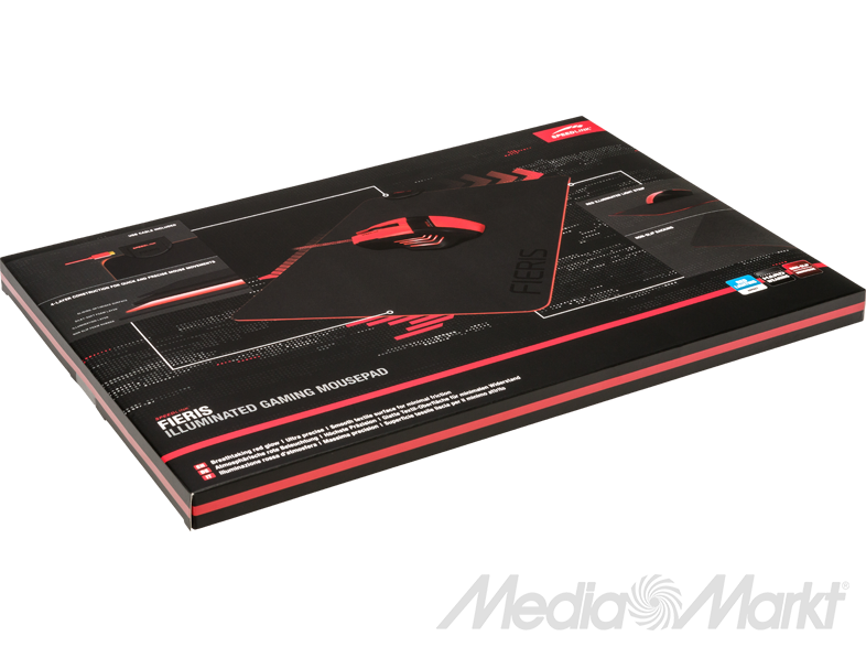 Gaming egérpad doboz egér grafikával, fekete és piros.