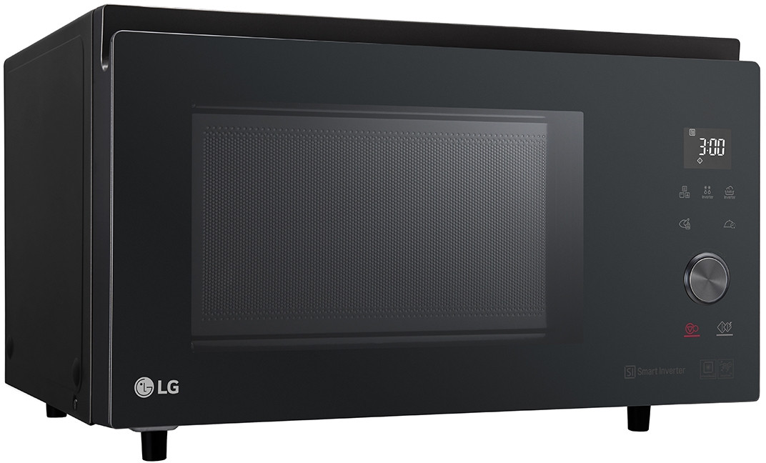 Black microwave oven with a digital display showing 3:00, and control panel on the right.