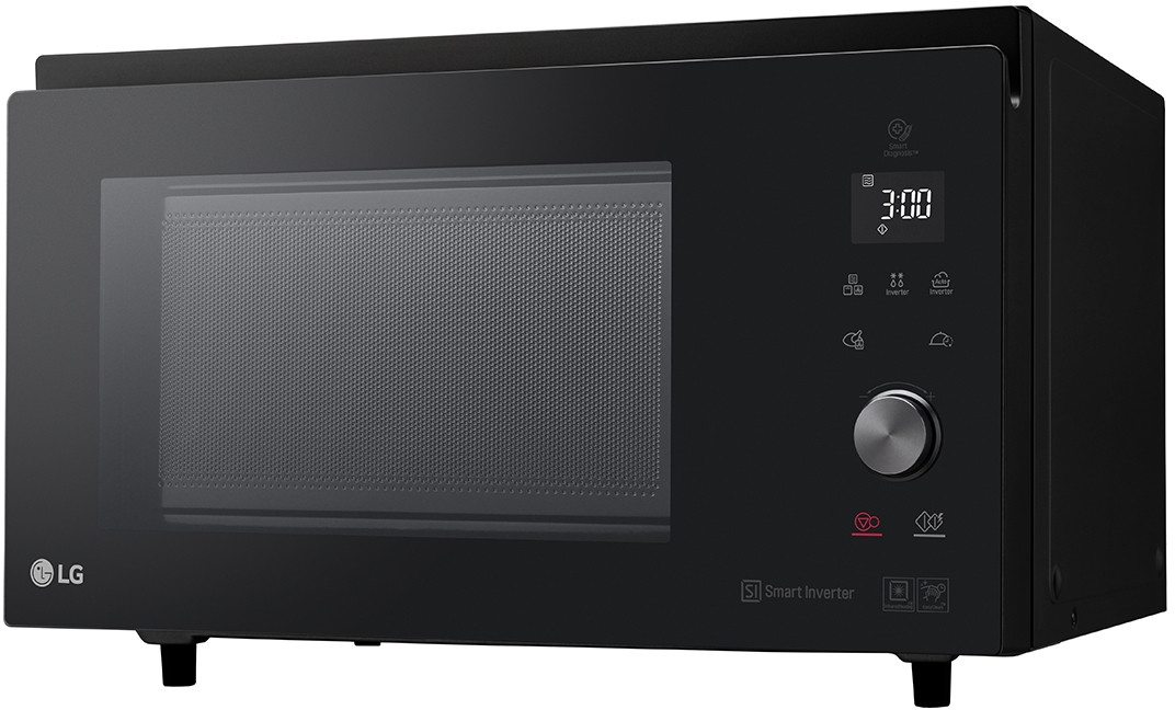 Black microwave oven, digital display showing 3:00, with control panel and LG logo.