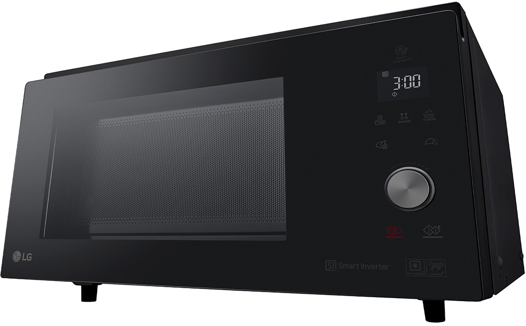 Black microwave oven with digital display and buttons.