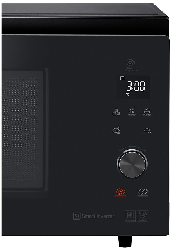 A black microwave oven with a digital display showing 3:00 and control buttons, with a black background.