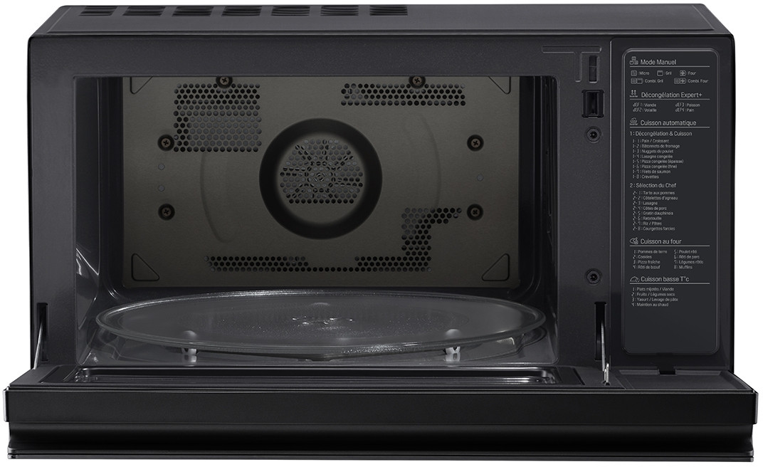A black microwave oven with the door open, showing the interior and control panel.