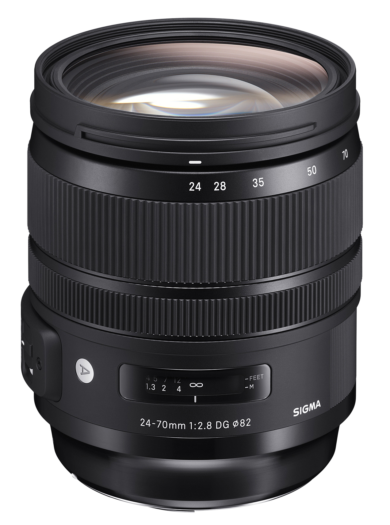 Schwarzes Sigma-Kameraobjektiv mit Fokus- und Zoomringen und einem silbernen Ring.