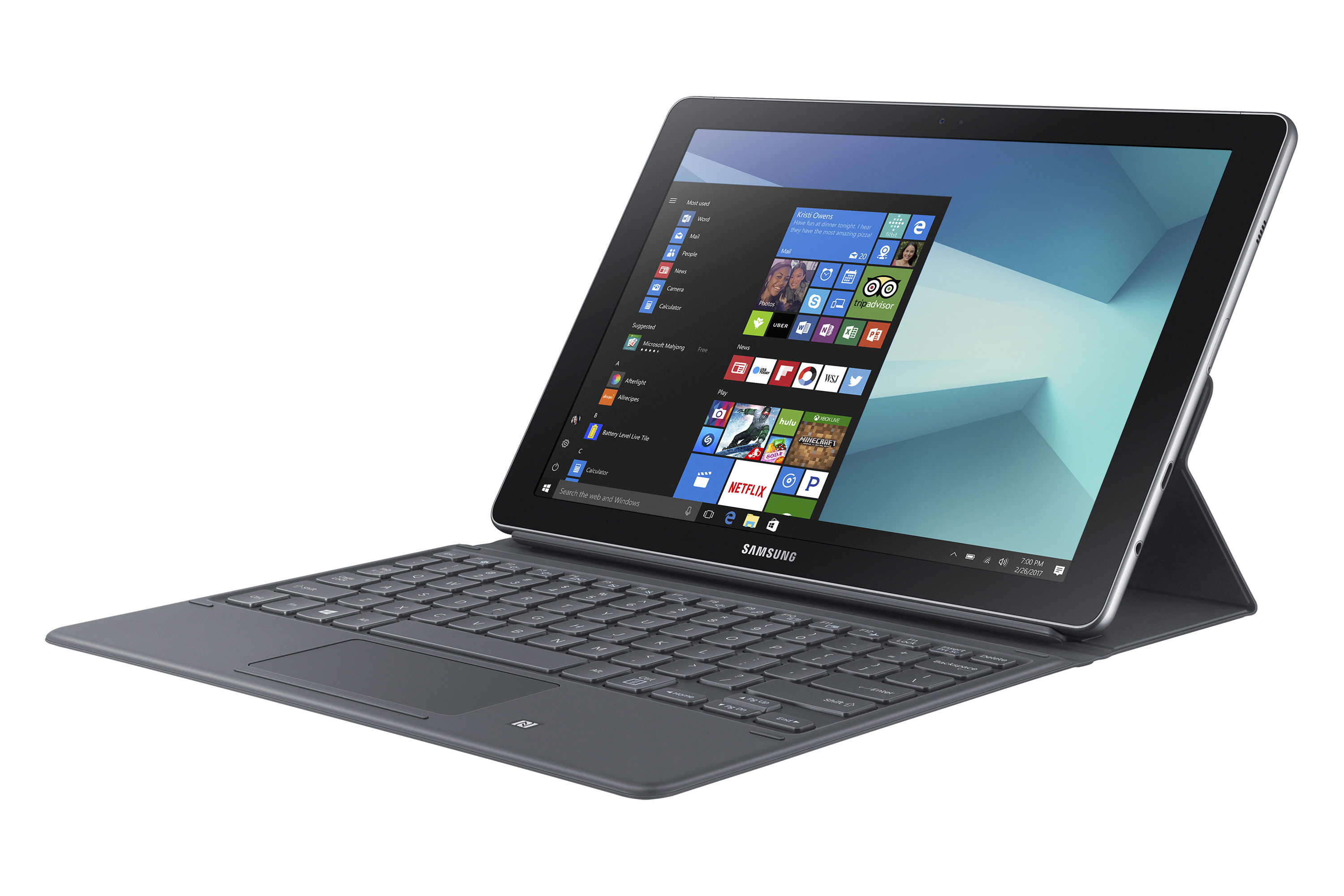 Ein Samsung Tablet mit Tastatur und Bildschirm, der die Windows 10-Oberfläche zeigt.
