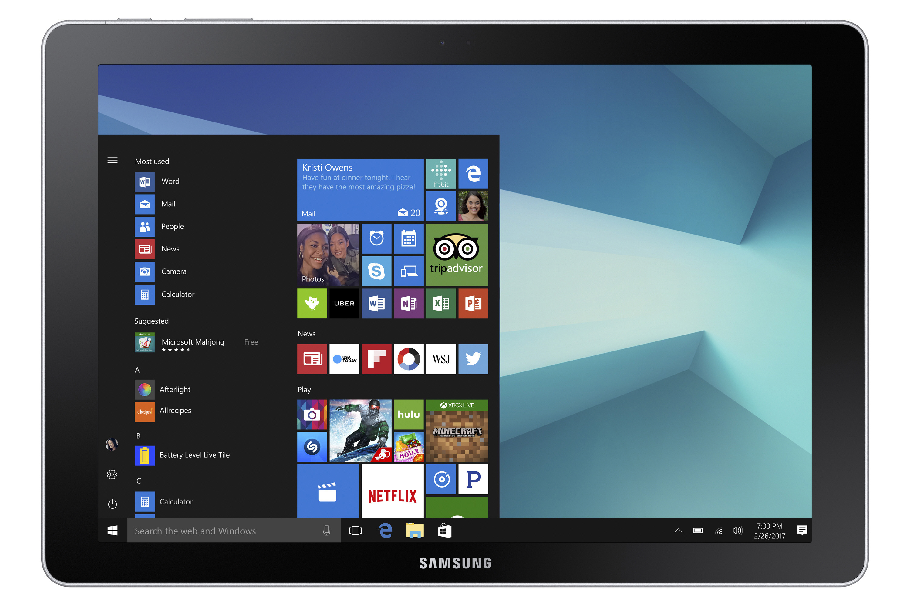 Schwarzes Samsung-Tablet mit Windows-Oberfläche, App-Icons und hellem Hintergrund.