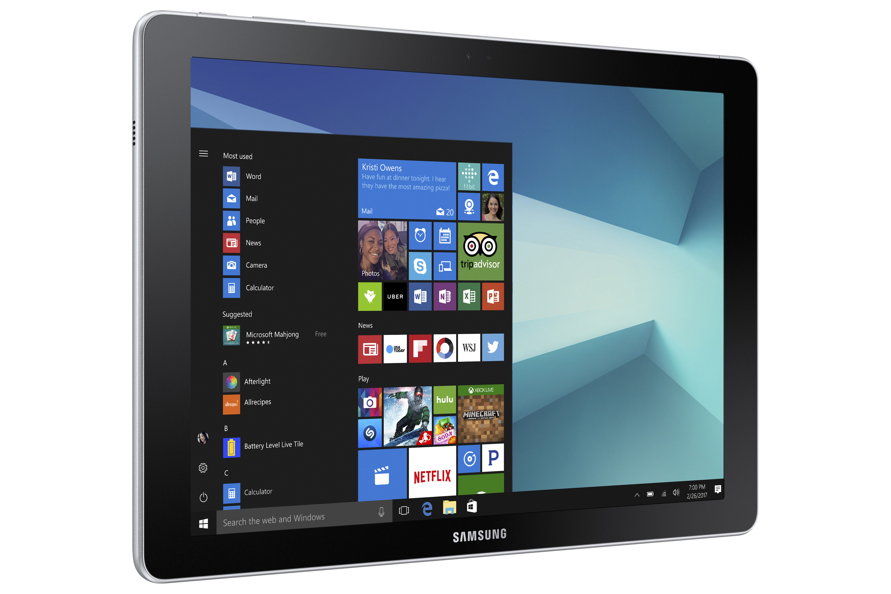 Ein Tablet mit Windows-Oberfläche wird angezeigt, das verschiedene App-Symbole und einen blau-weißen Hintergrund zeigt.
