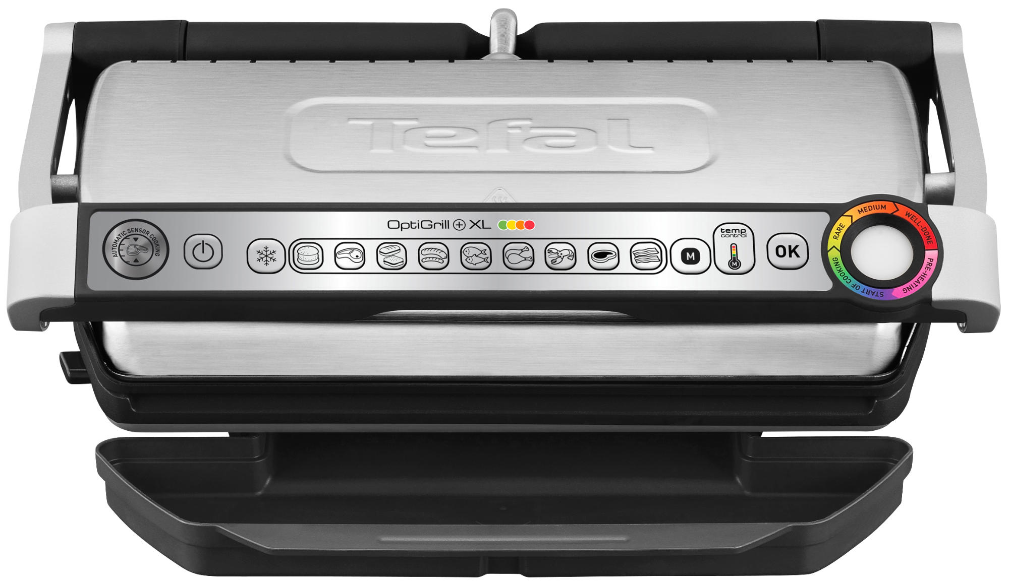 Ein silberner und schwarzer Tefal OptiGrill XL mit Bedienelementen und einer Temperaturanzeige.