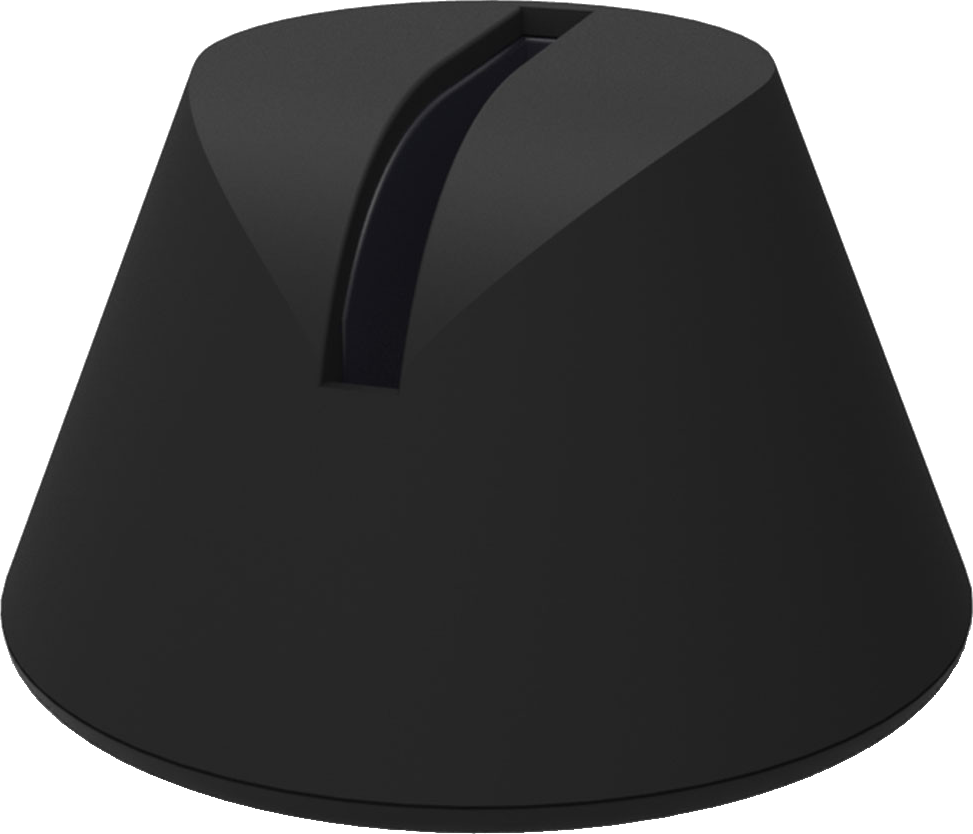 Support de téléphone noir en forme de cône. Possède une fente sur le dessus.