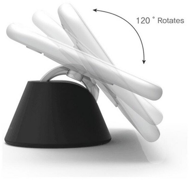 Un support de téléphone en forme de cône avec le téléphone incliné. Le téléphone pivote à 120 degrés.