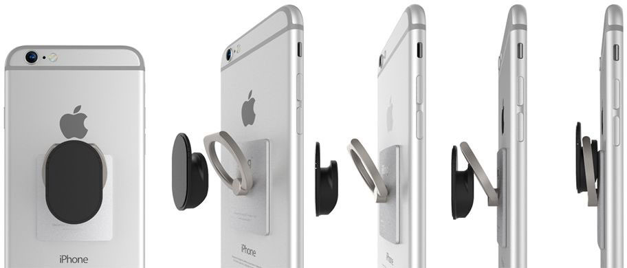 Een rij iPhones met telefoonringhouders in verschillende posities.
