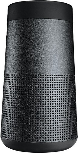 Schwarzer zylindrischer Bose-Lautsprecher mit perforierter unterer Hälfte.