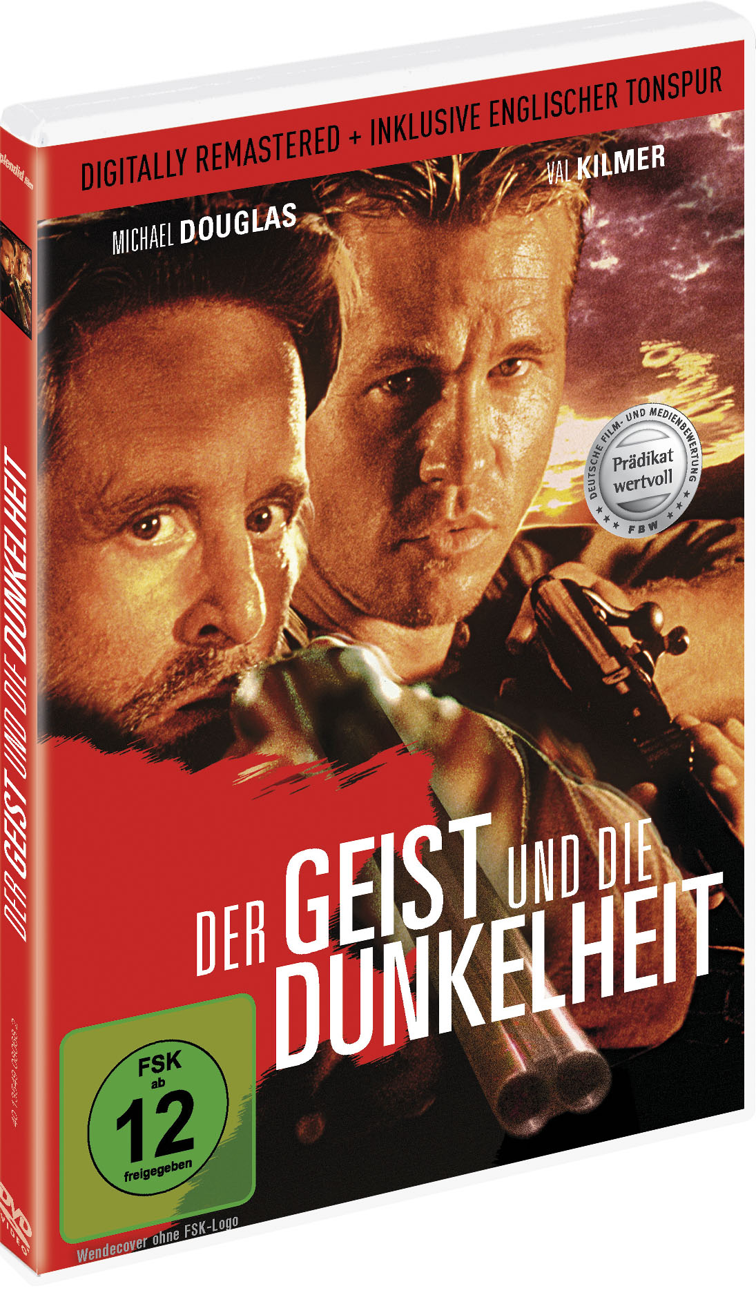 DVD-Cover mit zwei Männern mit Waffen, Titel 'Der Geist und Die Dunkelheit' und rotem Hintergrund.