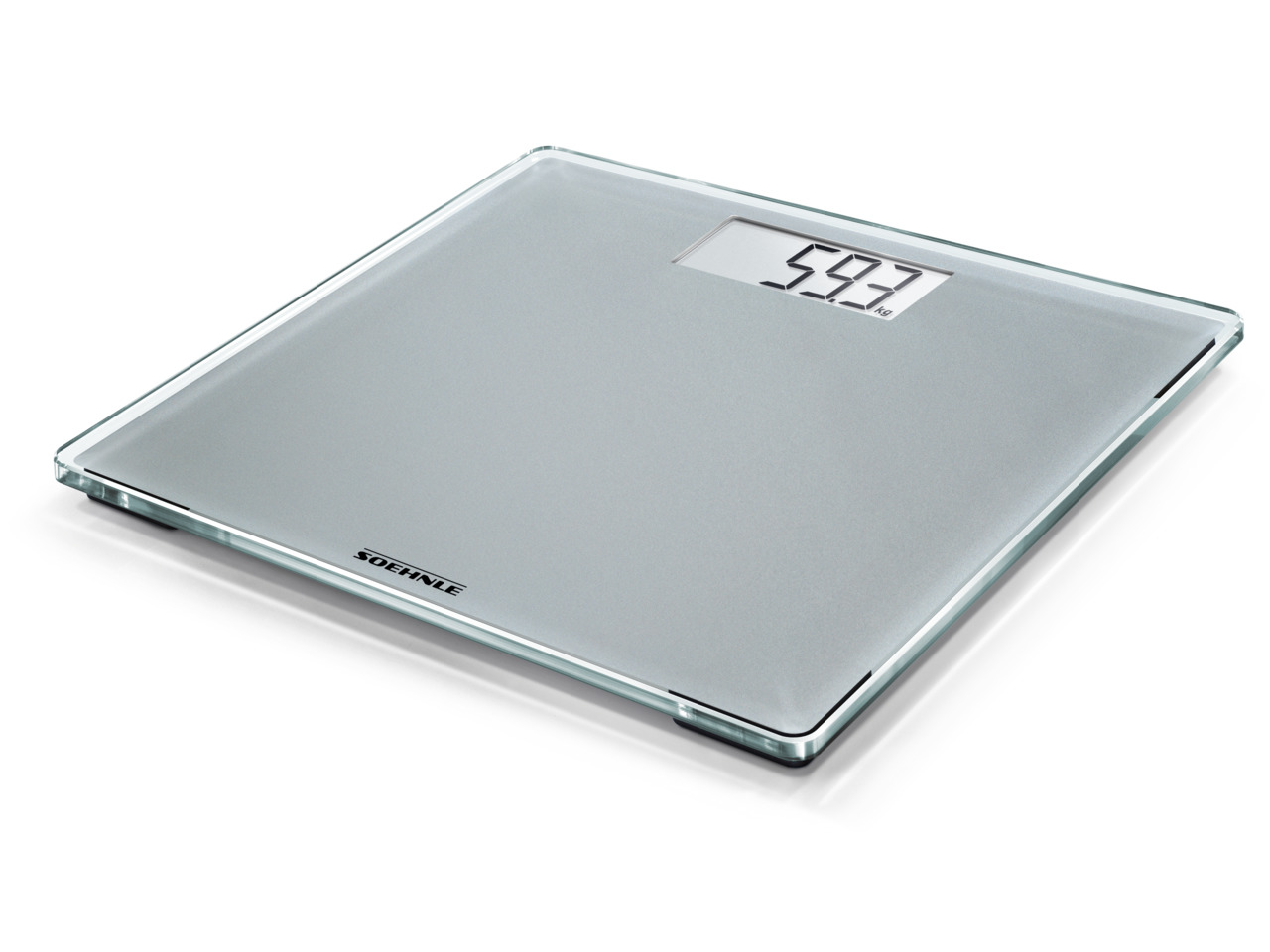 Een digitale badkamerweegschaal, met 59,3 kg, op een witte achtergrond, iets schuin.
