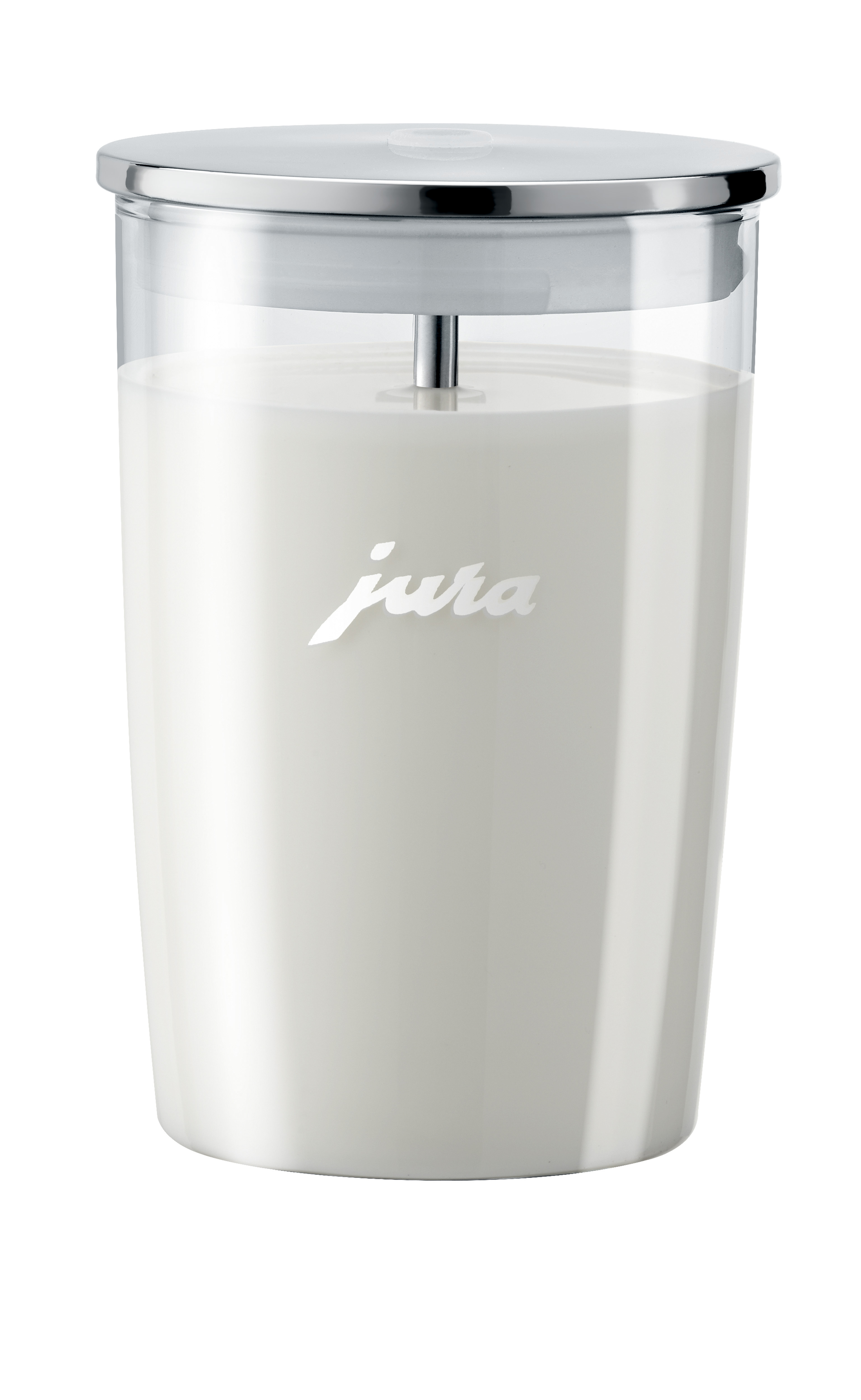 A white Jura milk container with a silver lid, filled with white milk, brand logo visible.
