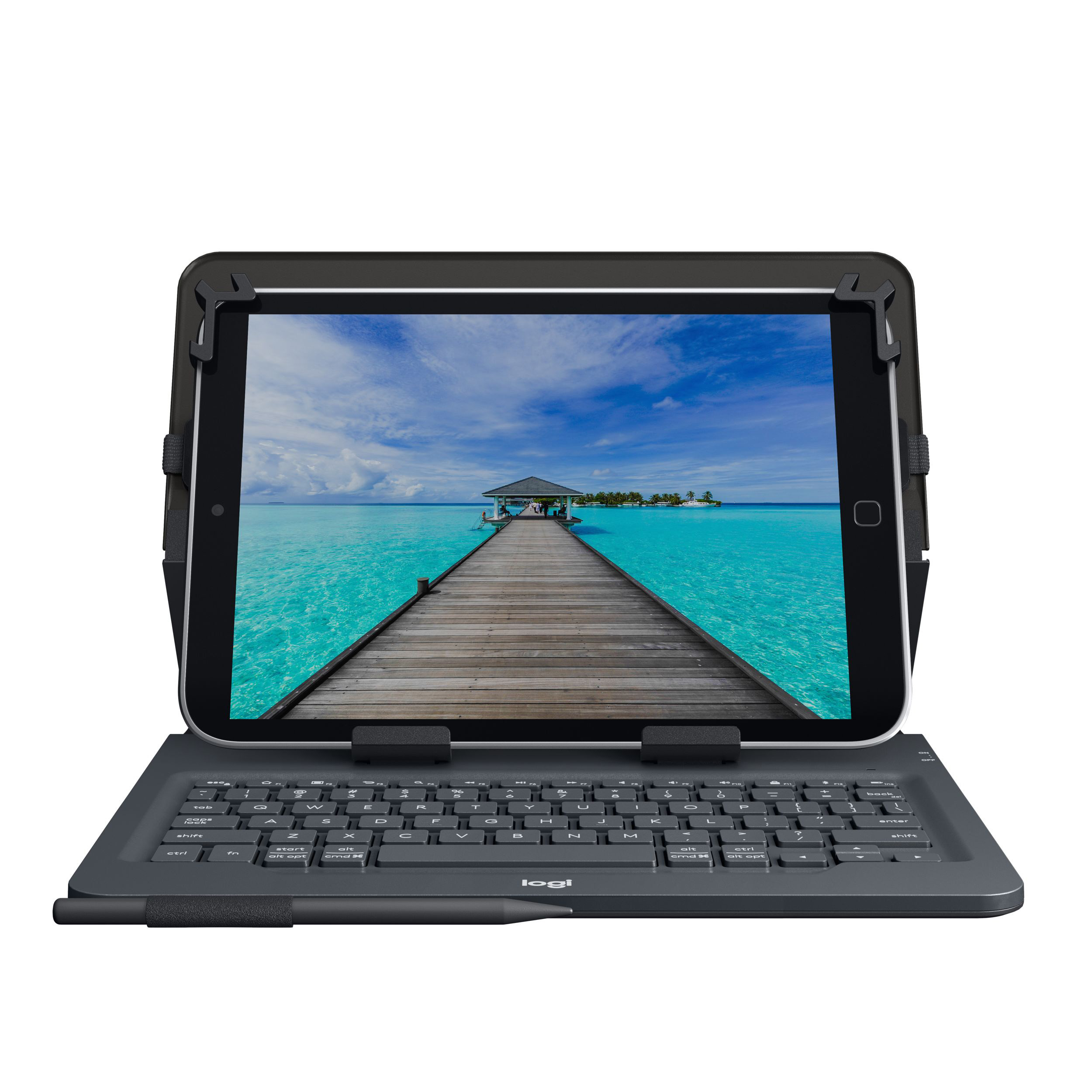Tablet met een toetsenbordhoes met een brug over turquoise water. Witte achtergrond.