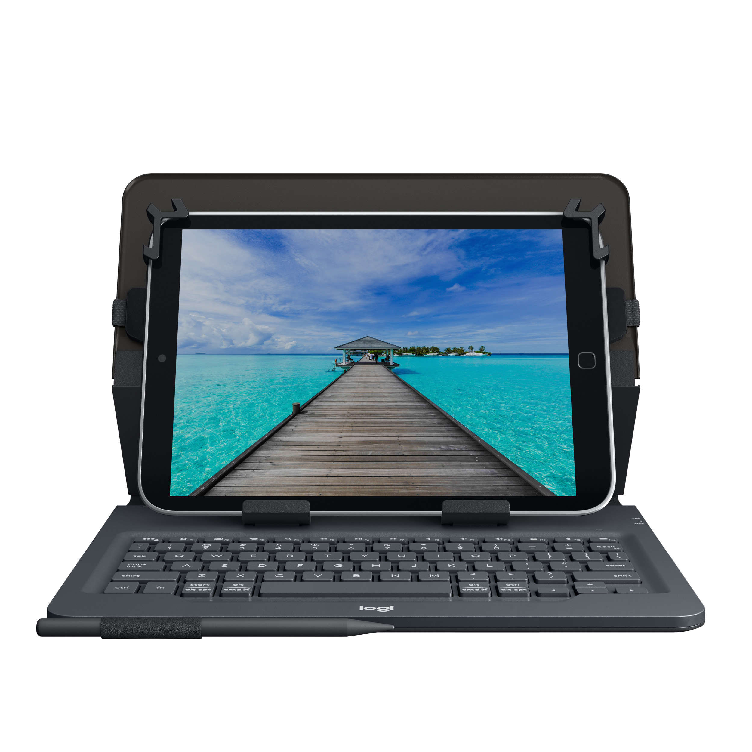 Tablet met een schilderachtige achtergrond op het scherm. Toetsenbord bevestigd.