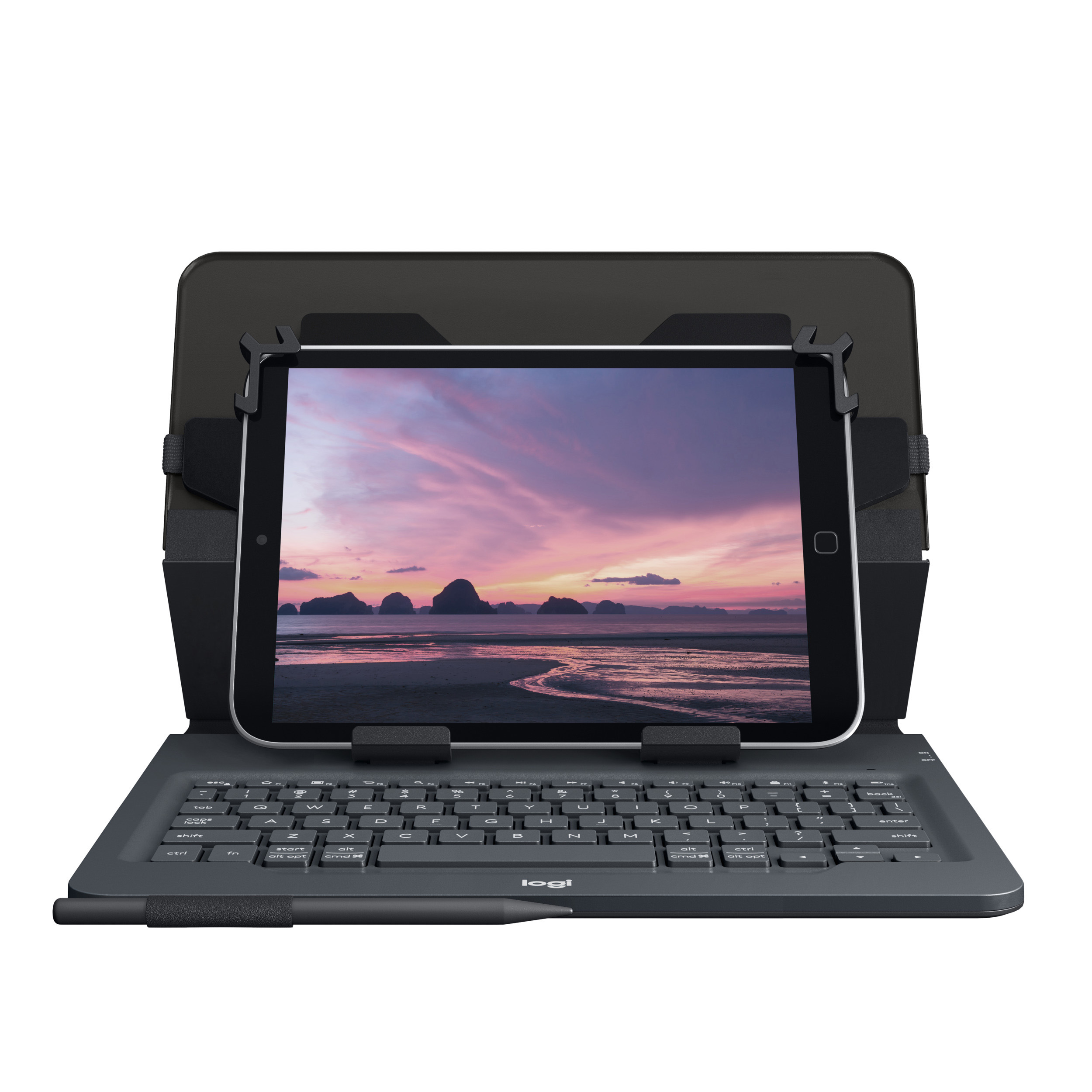 Een tablet in een toetsenbordhoes, met een zonsondergang strandzicht.