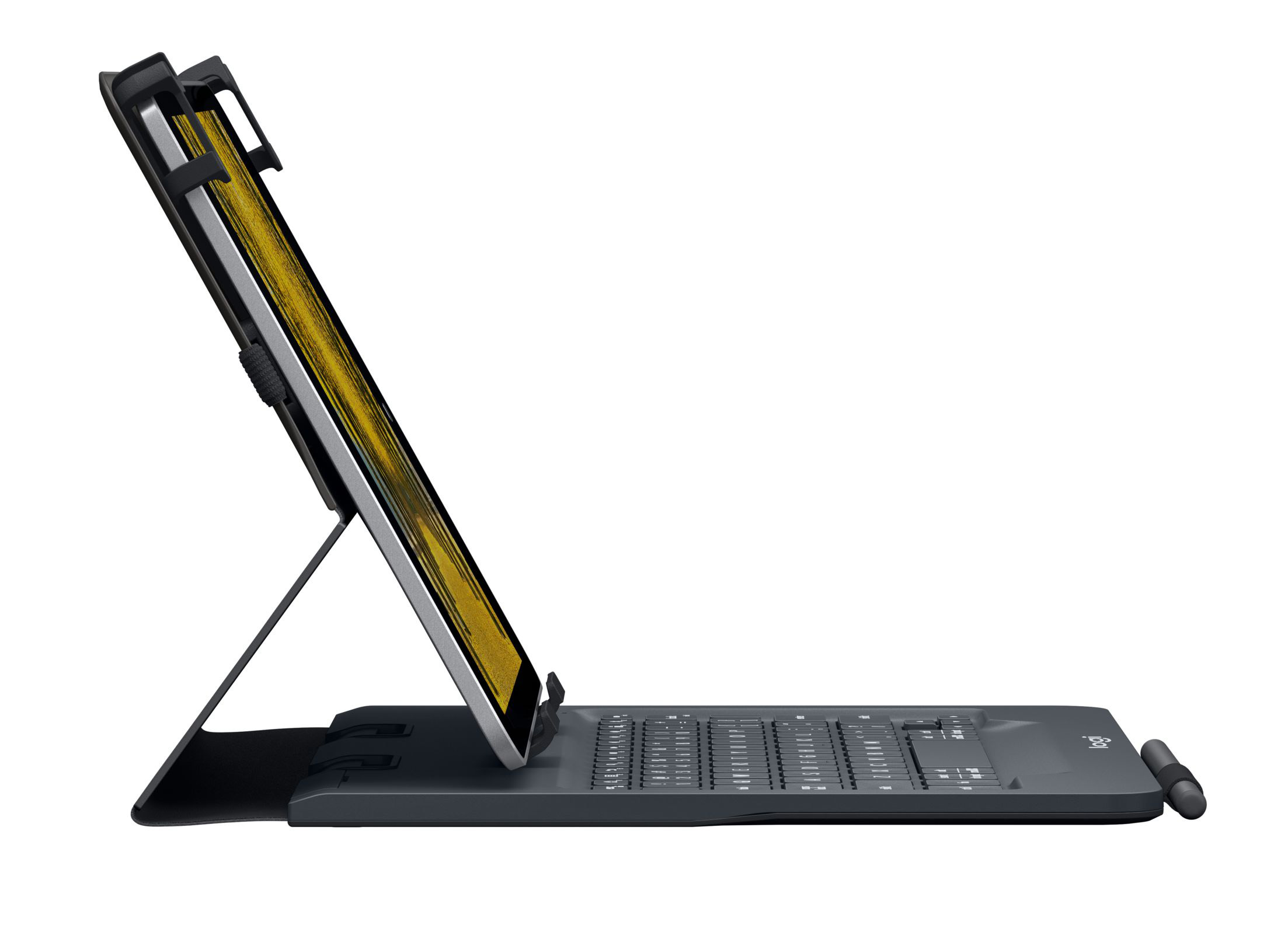 Tablet in een zwarte toetsenbordhoes. Het scherm is goudkleurig. De achtergrond is wit.