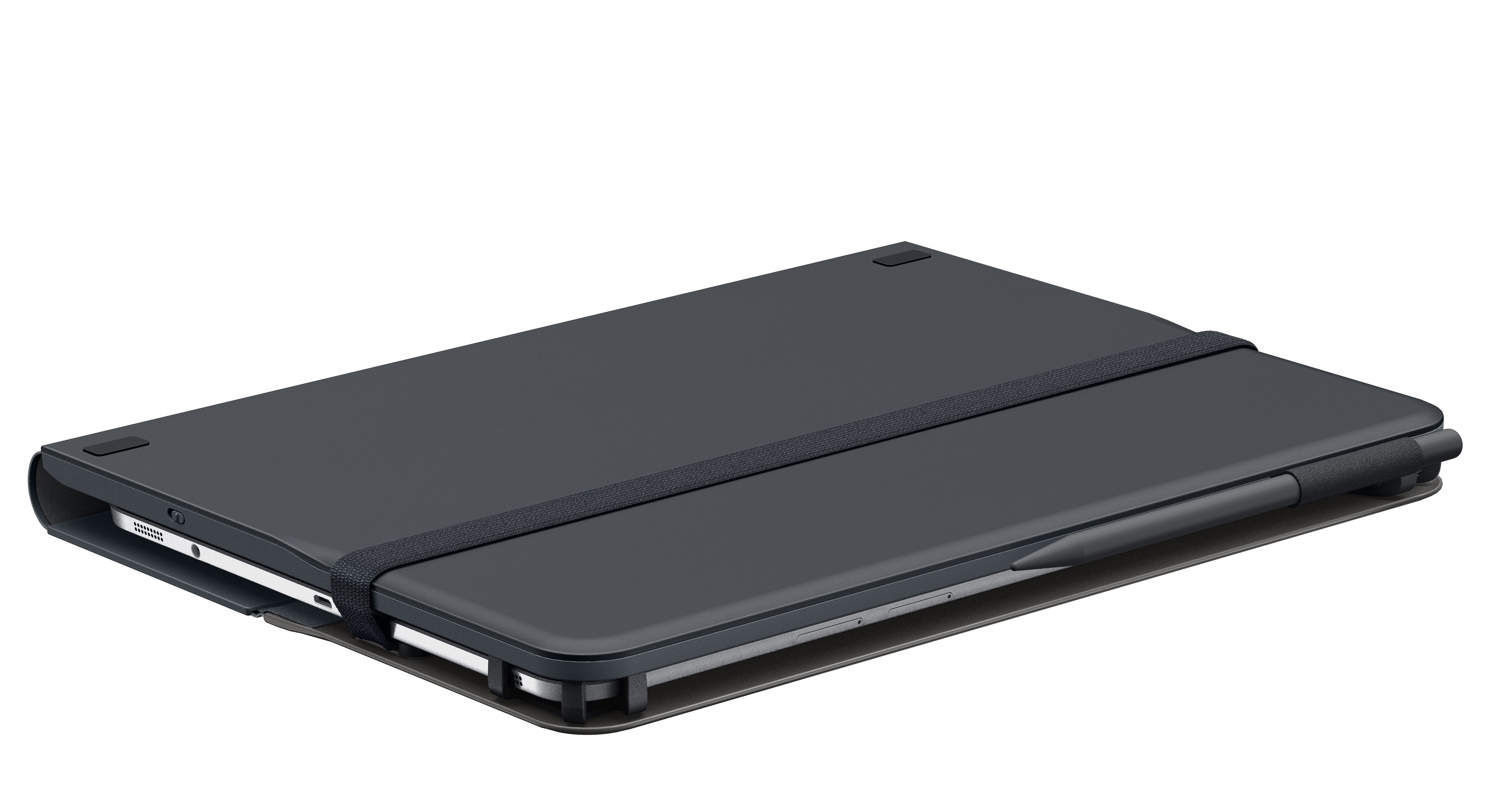 Zwarte iPad-hoes met een zwarte elastische band. Apple Pencil is bevestigd.