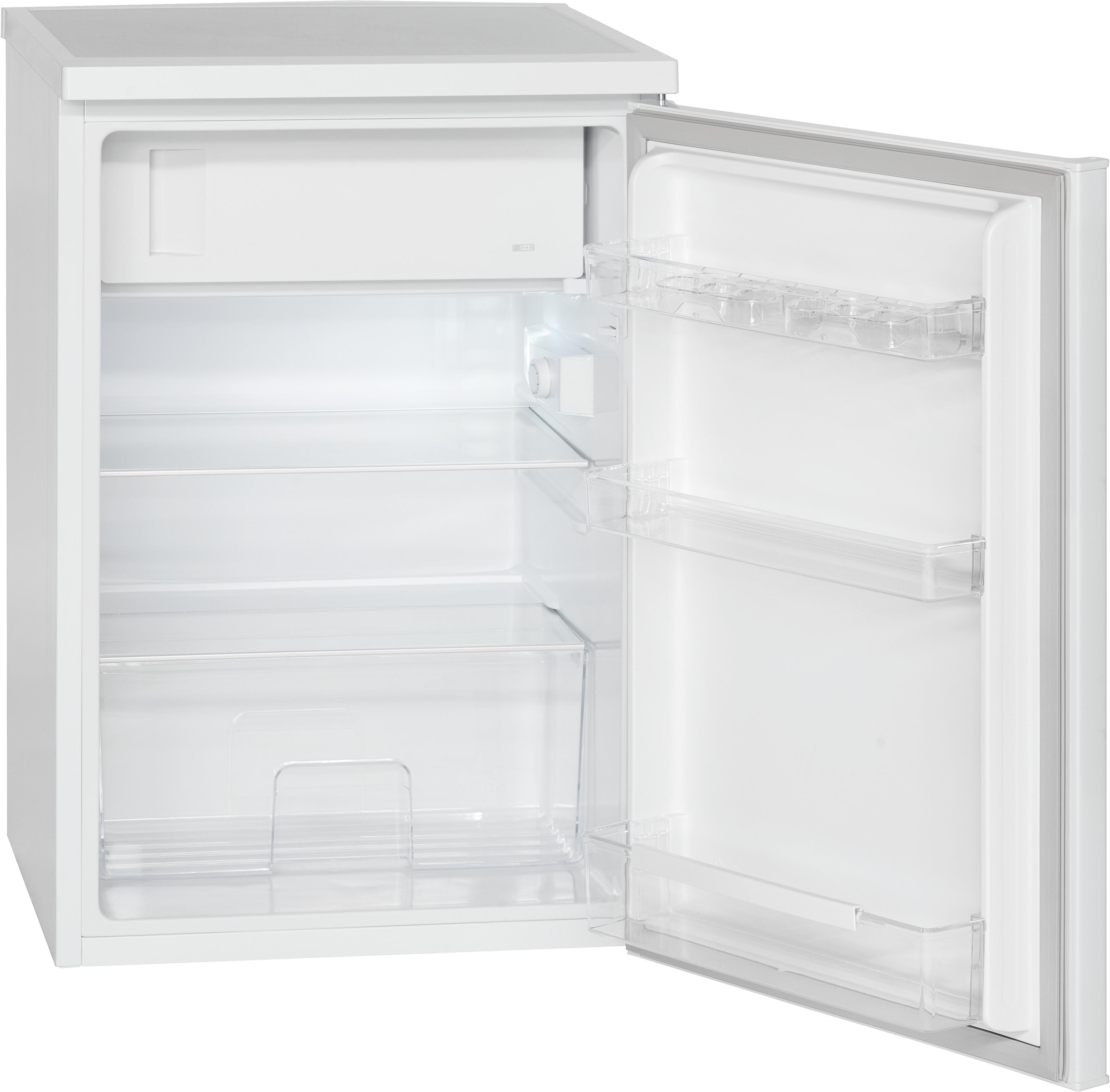 Ein weißer Mini-Kühlschrank mit offener Tür, der Regale und ein Gefrierfach zeigt.