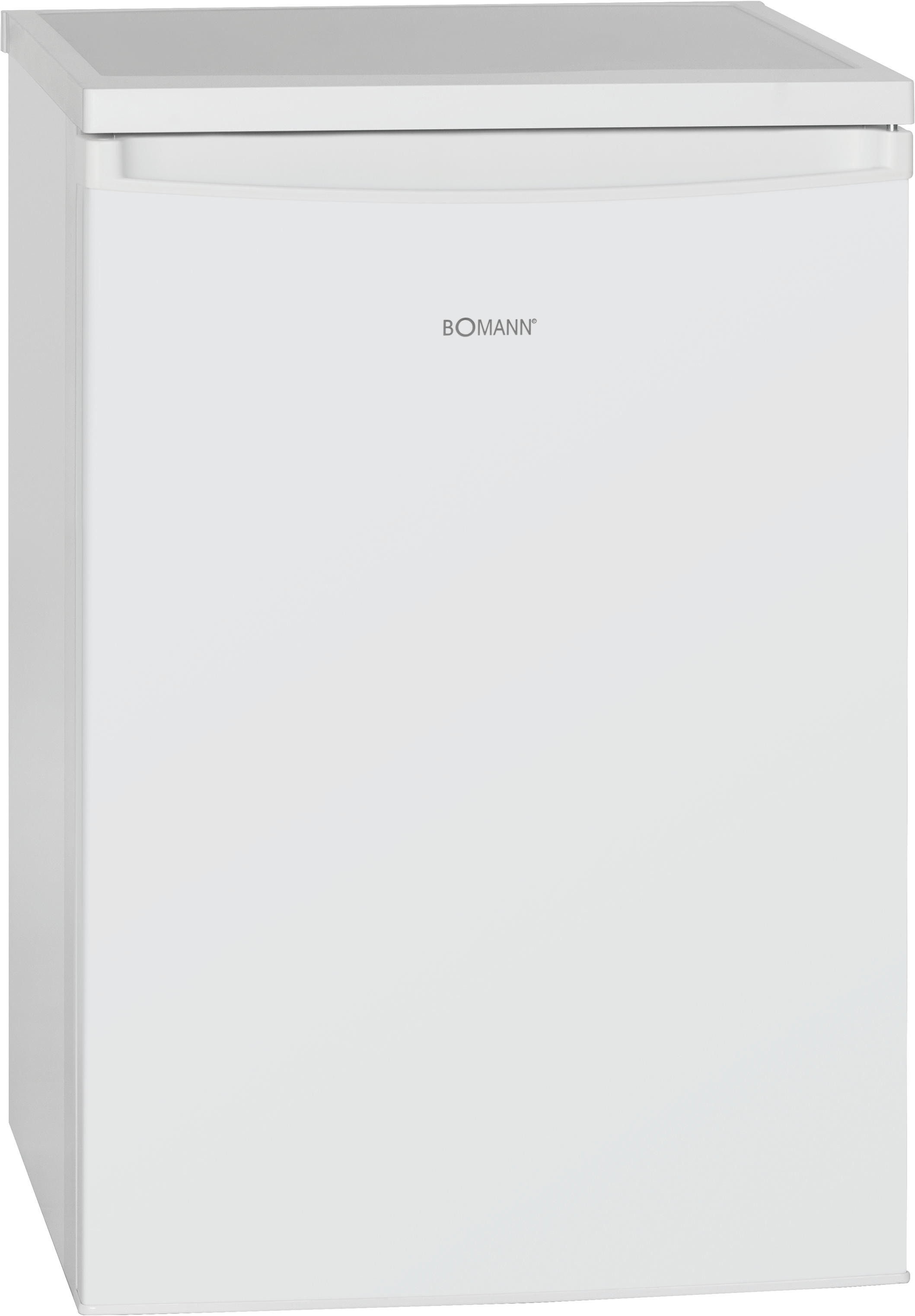 Weißer Bomann Kühlschrank, kleine Größe. Geschlossene Tür, schlichtes Design, Bomann-Logo.