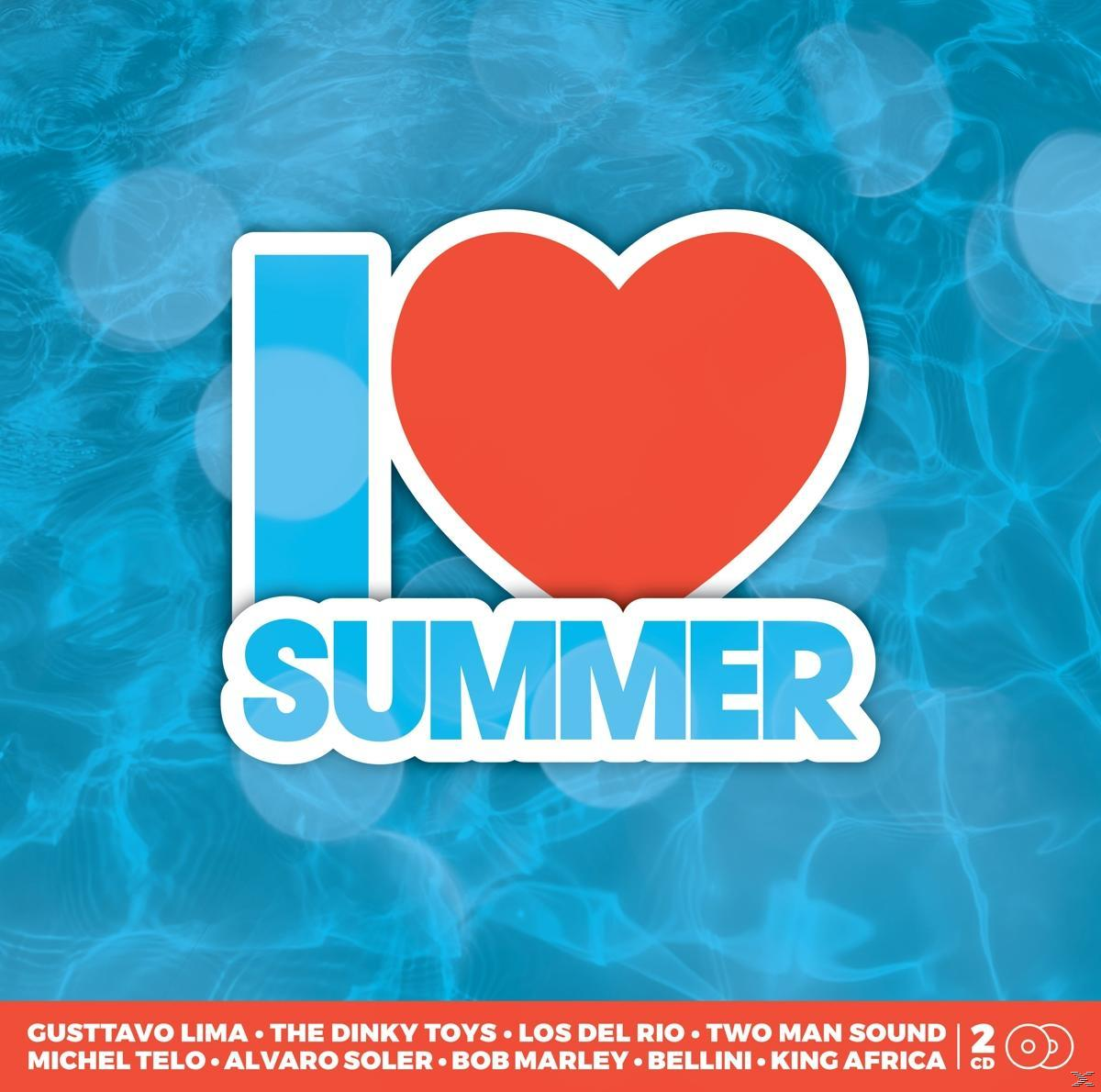 Une couverture I Love Summer. Un fond bleu avec des bulles et un cœur rouge avec le texte 'Summer'.
