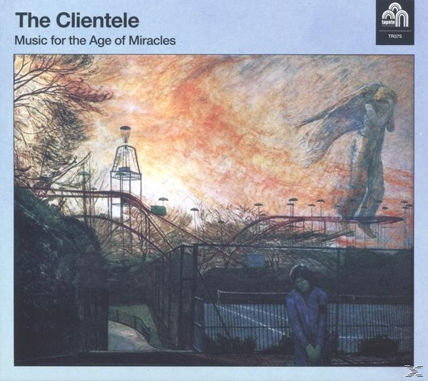 Albumcover: Achterbahn und Figur in einer surrealen Landschaft. Titel: The Clientele, Music for the Age of Miracles.