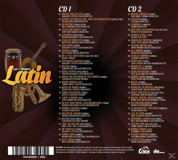 CD-Cover mit dem Titel 'Let's Dance Latin'. Zeigt eine Conga-Trommel, eine Trompete und eine Gitarre.