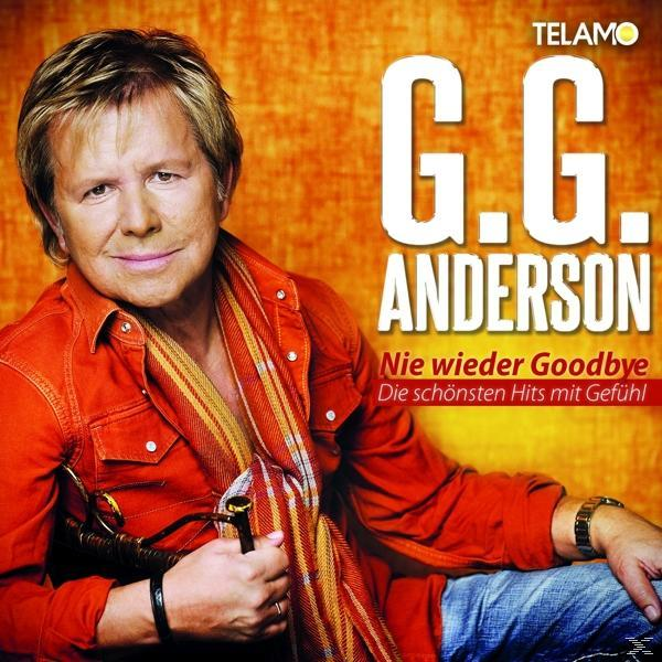 G.G. Anderson Albumcover mit dem Künstler in orangefarbenem Hemd und dem Titel Nie wieder Goodbye.