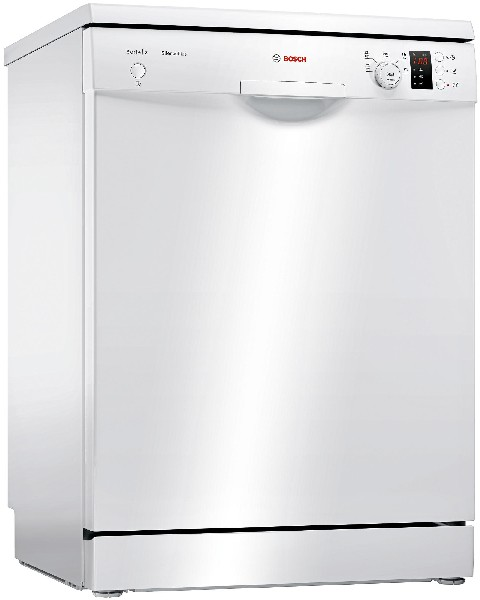 Un lavavajillas Bosch blanco de pie sobre un suelo blanco.