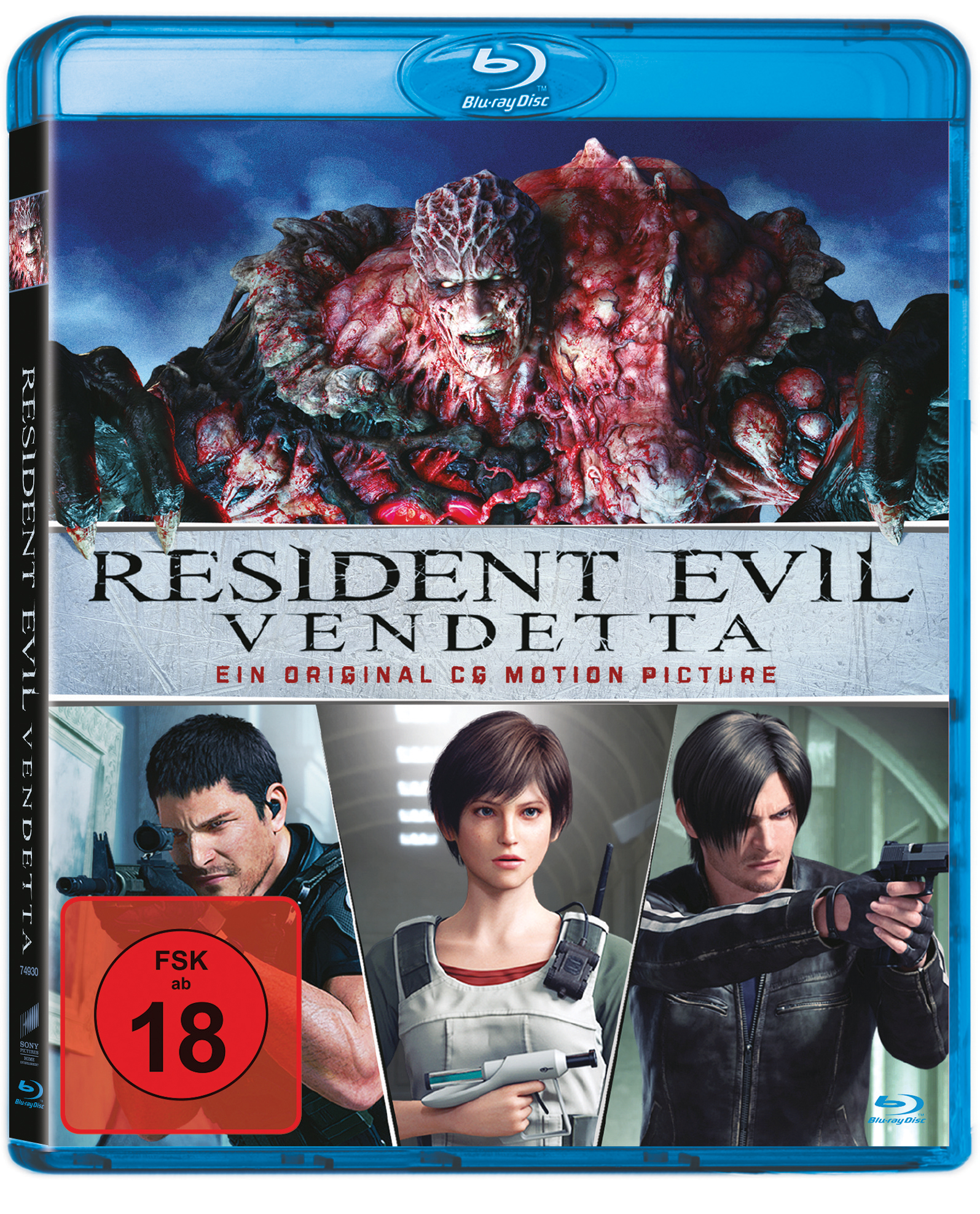 DVD-Cover. Drei Charaktere, ein Monster und der Titel: Resident Evil Vendetta.