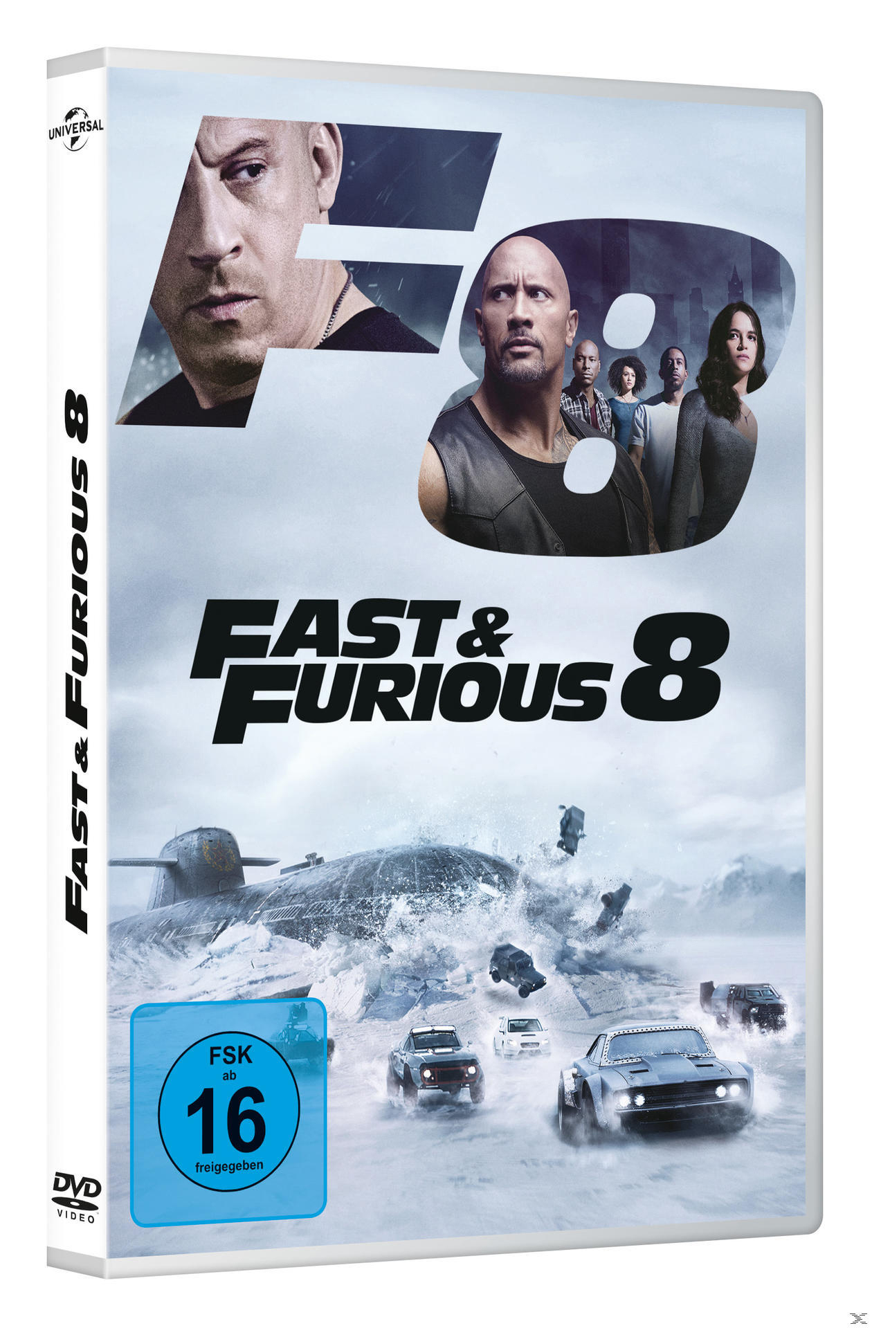 Fast & Furious 8 DVD-Hülle mit den Schauspielern Vin Diesel und Dwayne Johnson. Autos rasen.