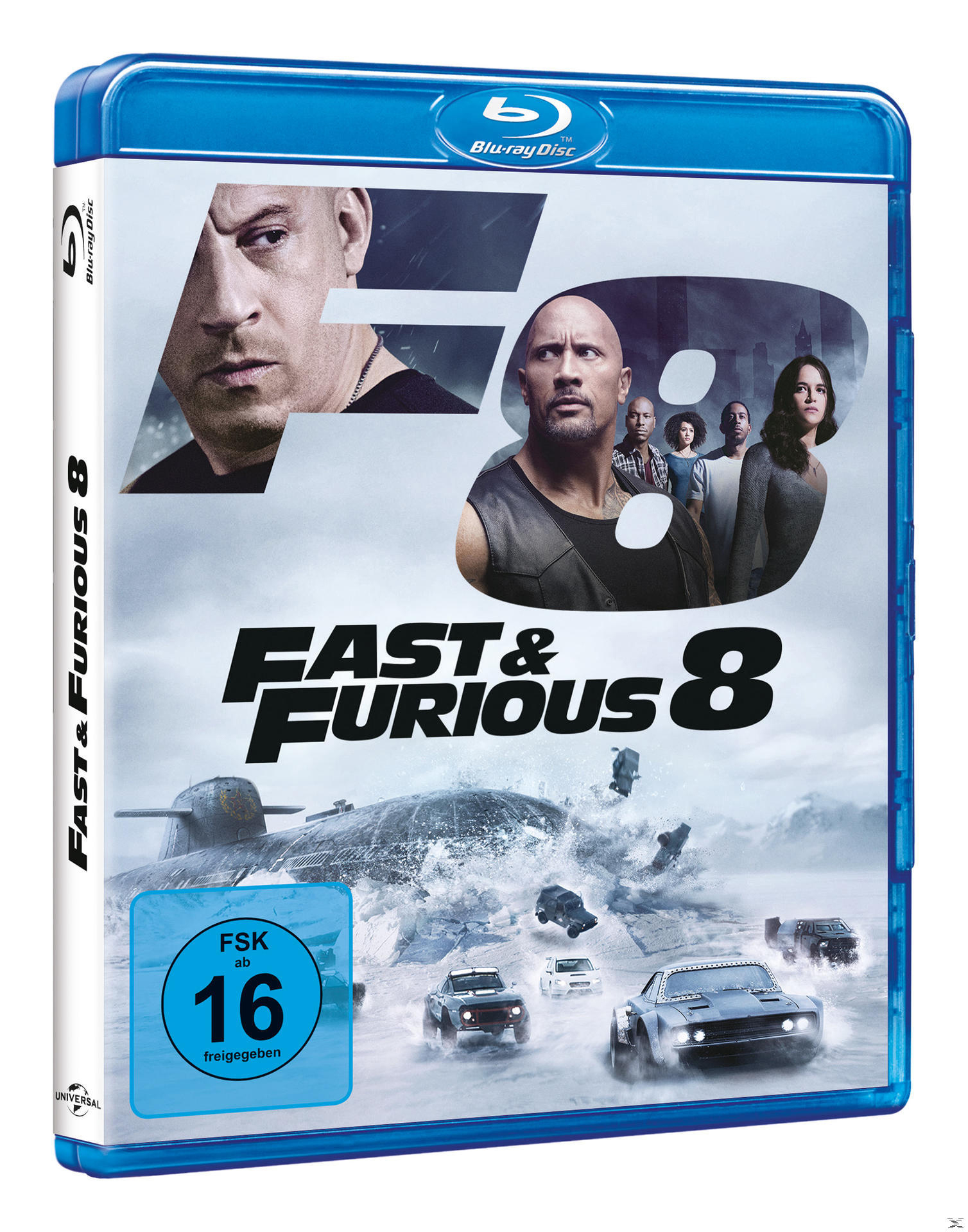 Fast & Furious 8 Blu-ray-Hülle. Mit Vin Diesel und The Rock. Blaue Hülle. Altersfreigabe: 16.