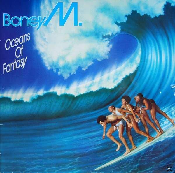 Albumcover mit Surfern auf einer Welle mit einer blauen Welle und der Band Boney M.
