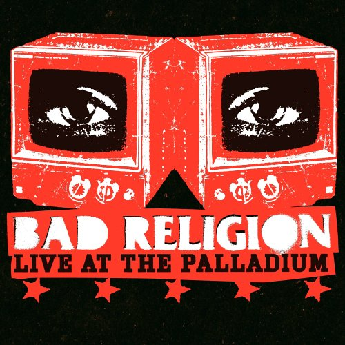 A Bad Religion 'Live at the Palladium' logója két retro TV-vel és szemekkel. Piros, fehér és fekete színvilág.