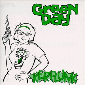 Green Day Kerplunk album borító. Rajzolt nő pisztollyal. Zöld és fekete szöveg.