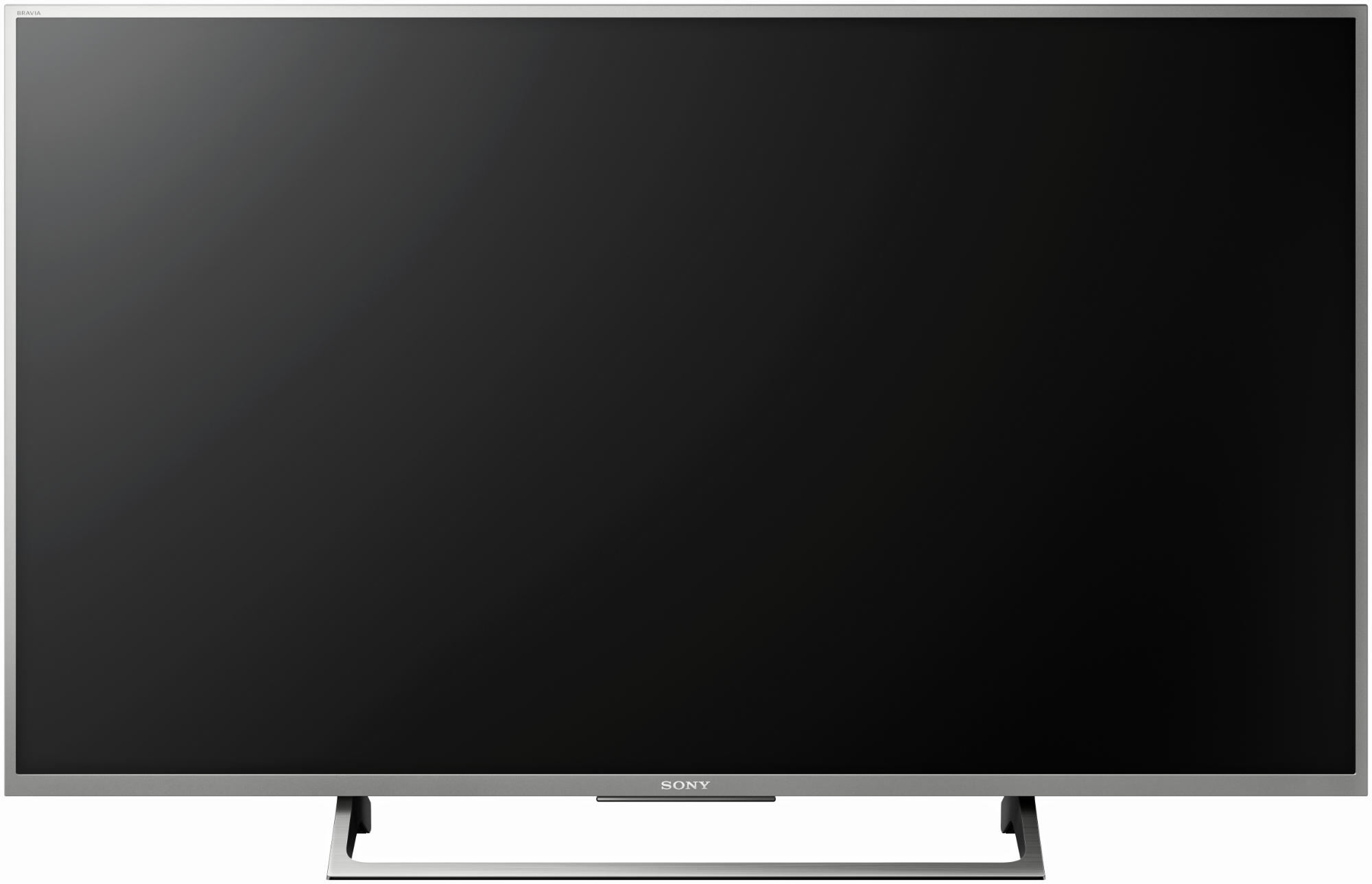 Televisor con marco plateado y pantalla negra. Fondo blanco.