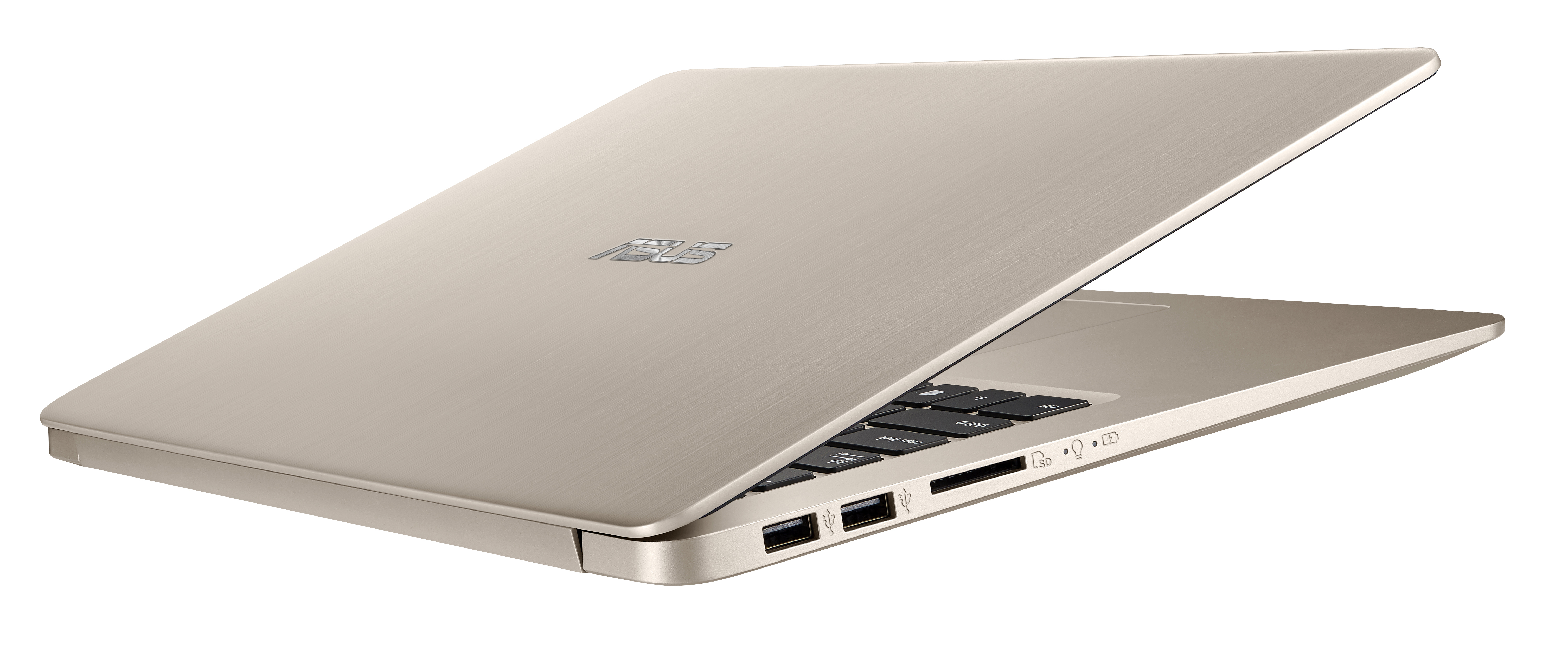Silber-goldener Laptop offen, Tastatur und Bildschirm zeigend, auf weißem Hintergrund.