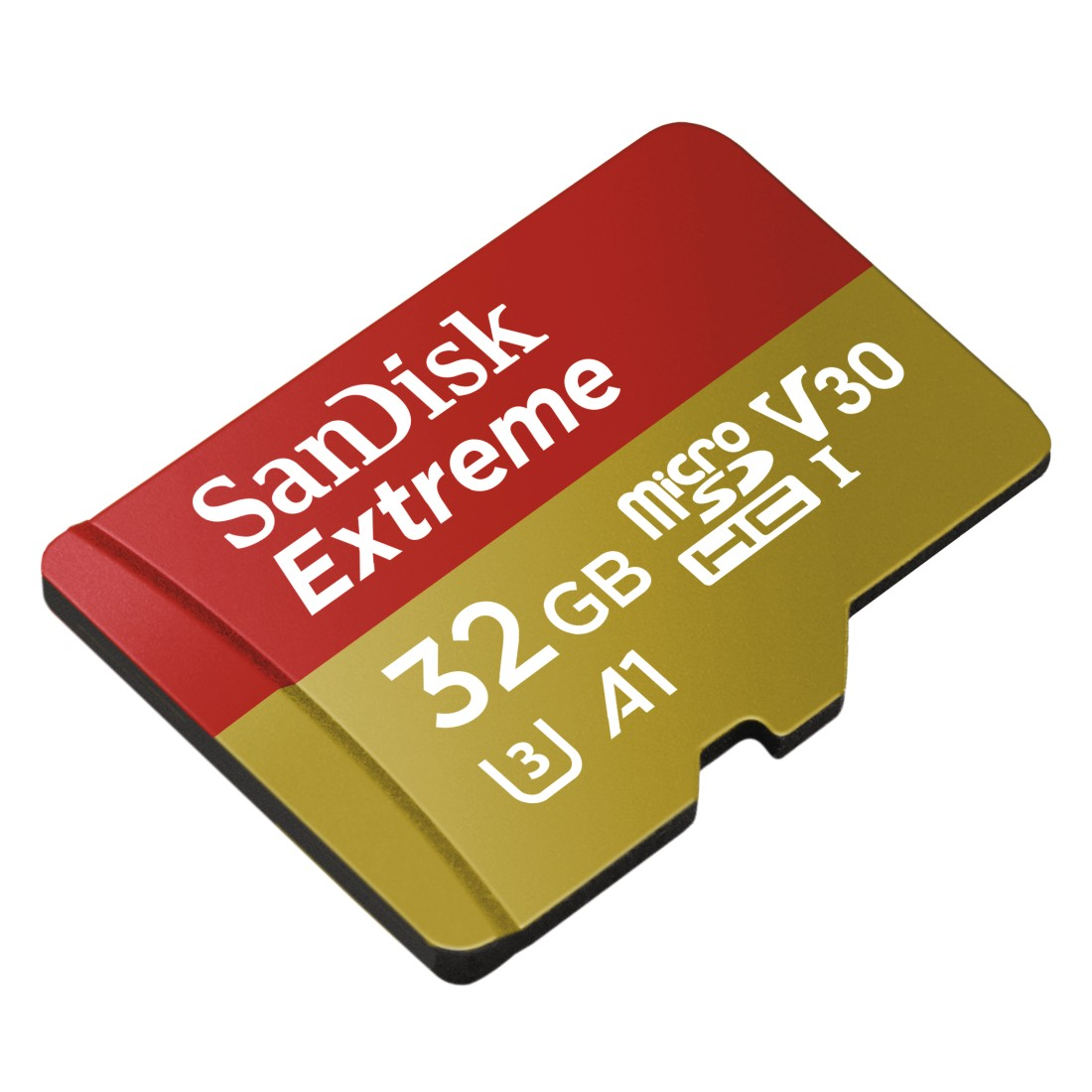 Red and gold Sandisk Extreme 32GB micro SD card. Text: Sandisk Extreme, 32GB micro SD.