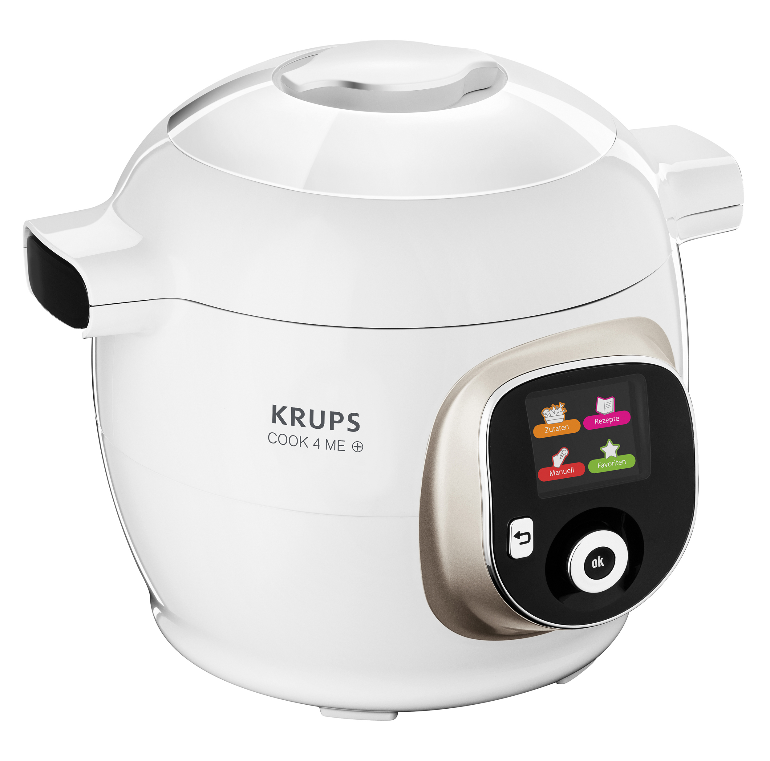 Weiße und goldfarbene Krups Cook 4 Me+ Gerät. Es hat einen Bildschirm und Knöpfe.