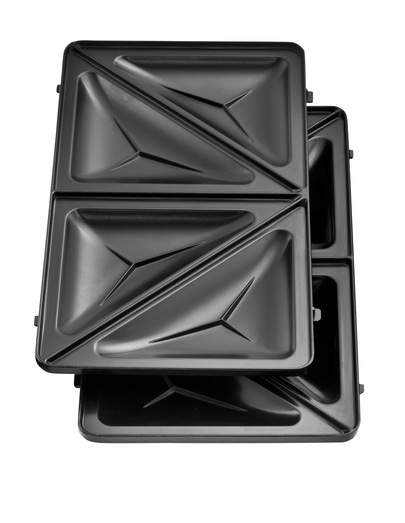 Black sandwich maker, open. Two sets of triangles. White background.
