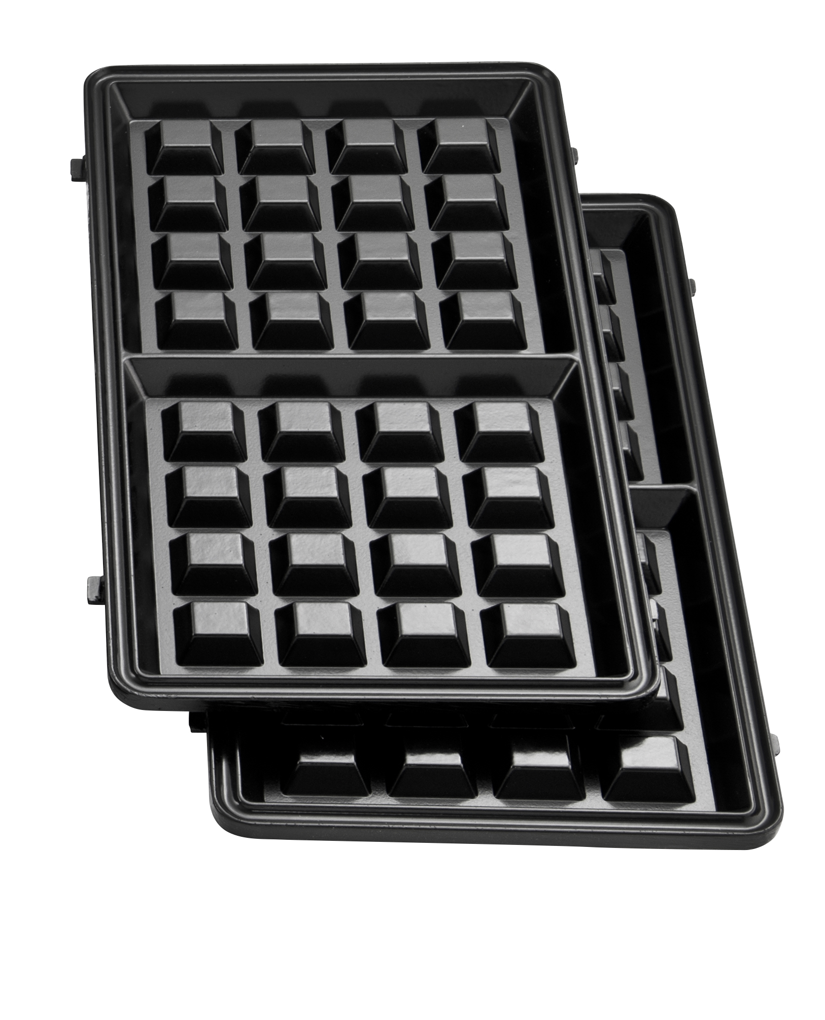 Two black waffle iron plates. The plates are square and have a grid pattern. They are stacked.