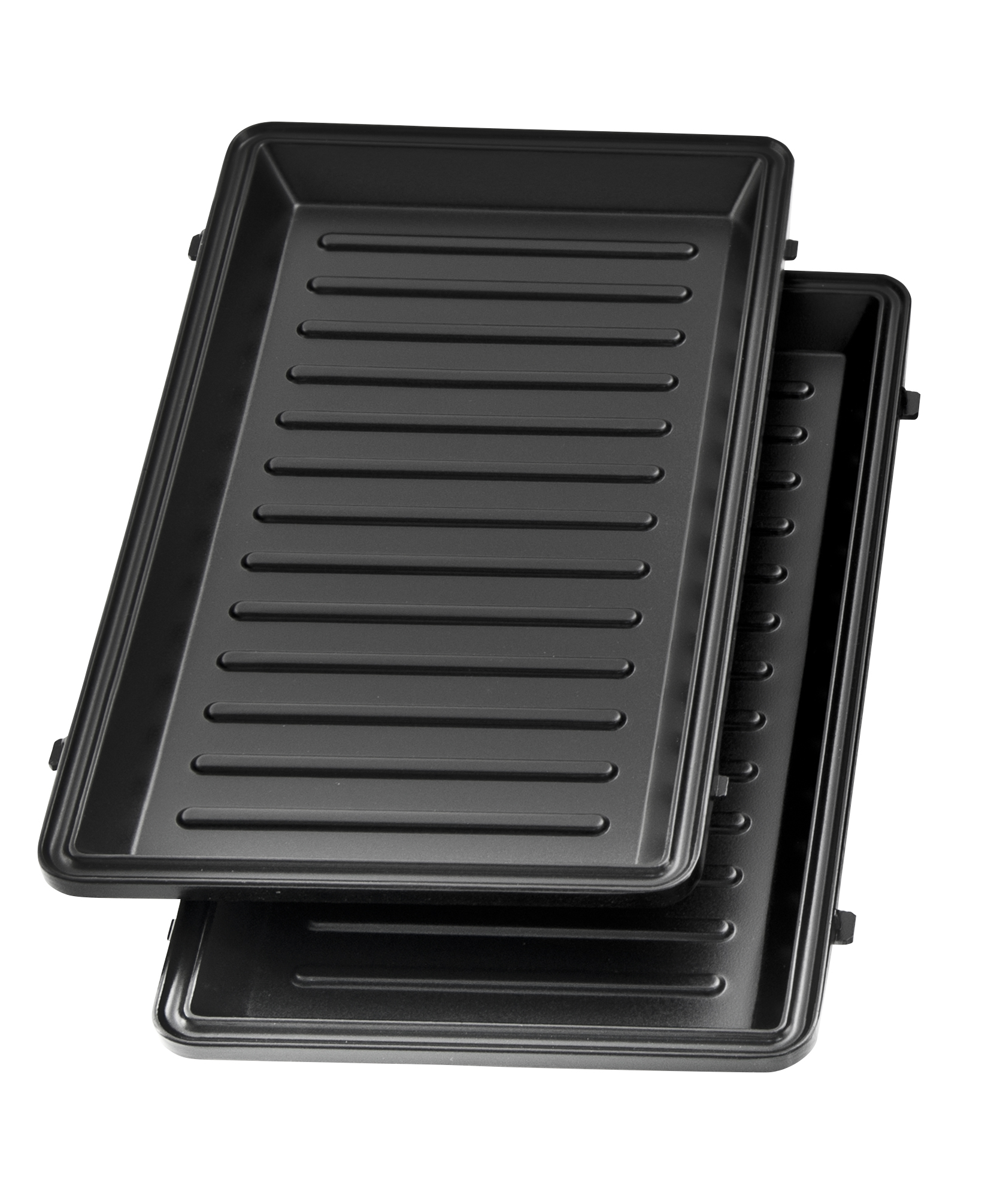 Two black rectangular trays stacked on a white background, with ridged surfaces.