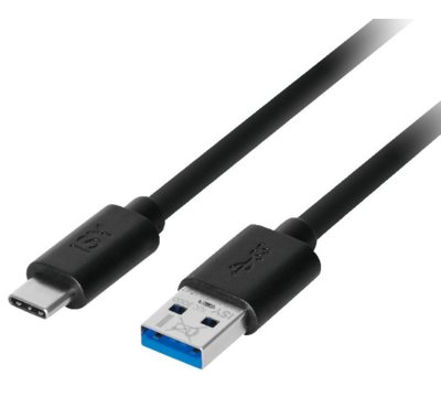 A black USB-C to USB-A cable on a white background.