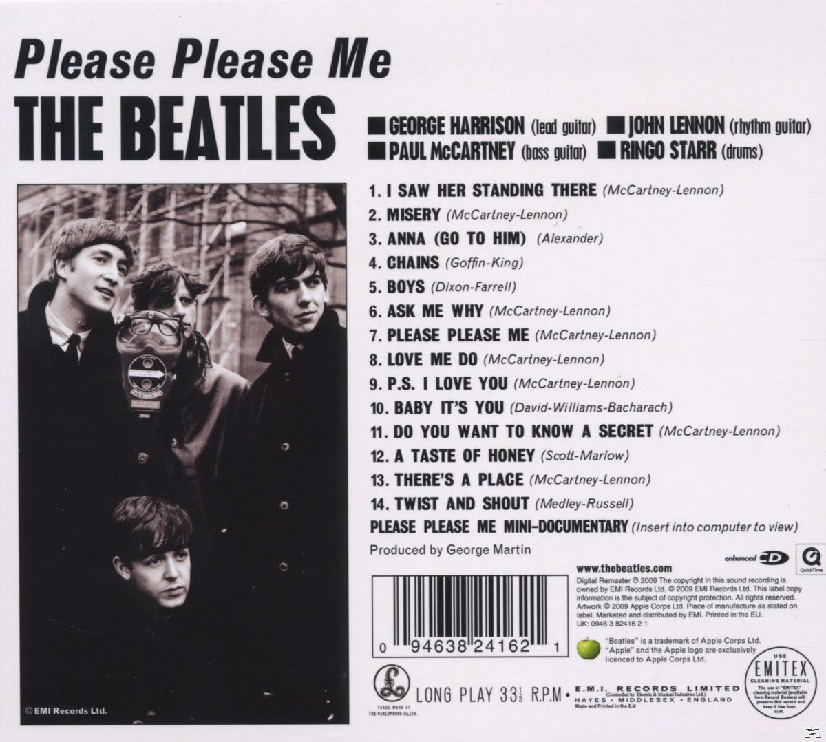Pochette de l'album : 'Please Please Me' des Beatles avec photo du groupe et liste des titres sur fond blanc.
