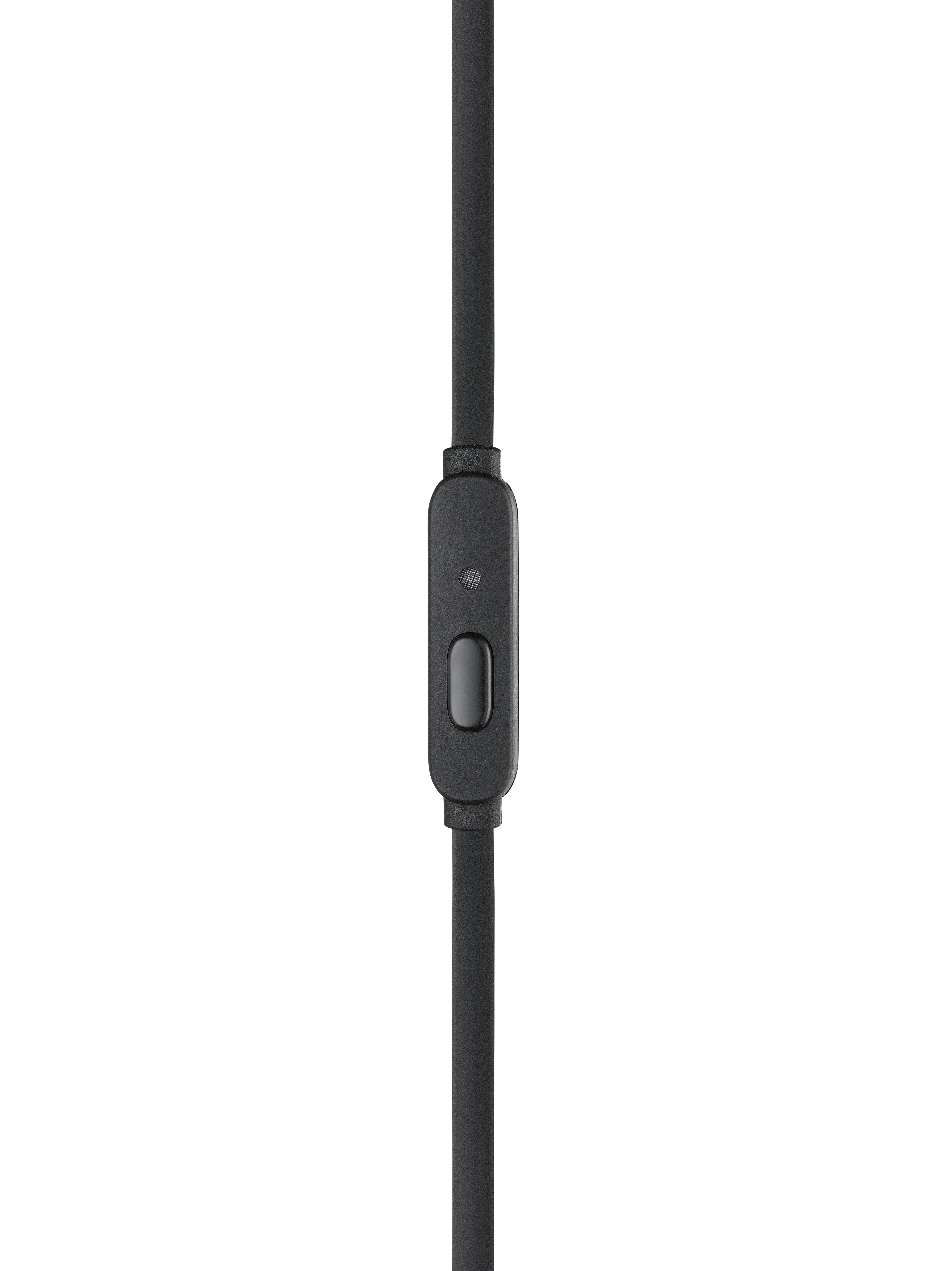 Schwarze Inline-Fernbedienung mit einem einzigen Knopf an einem schwarzen Kopfhörerkabel.