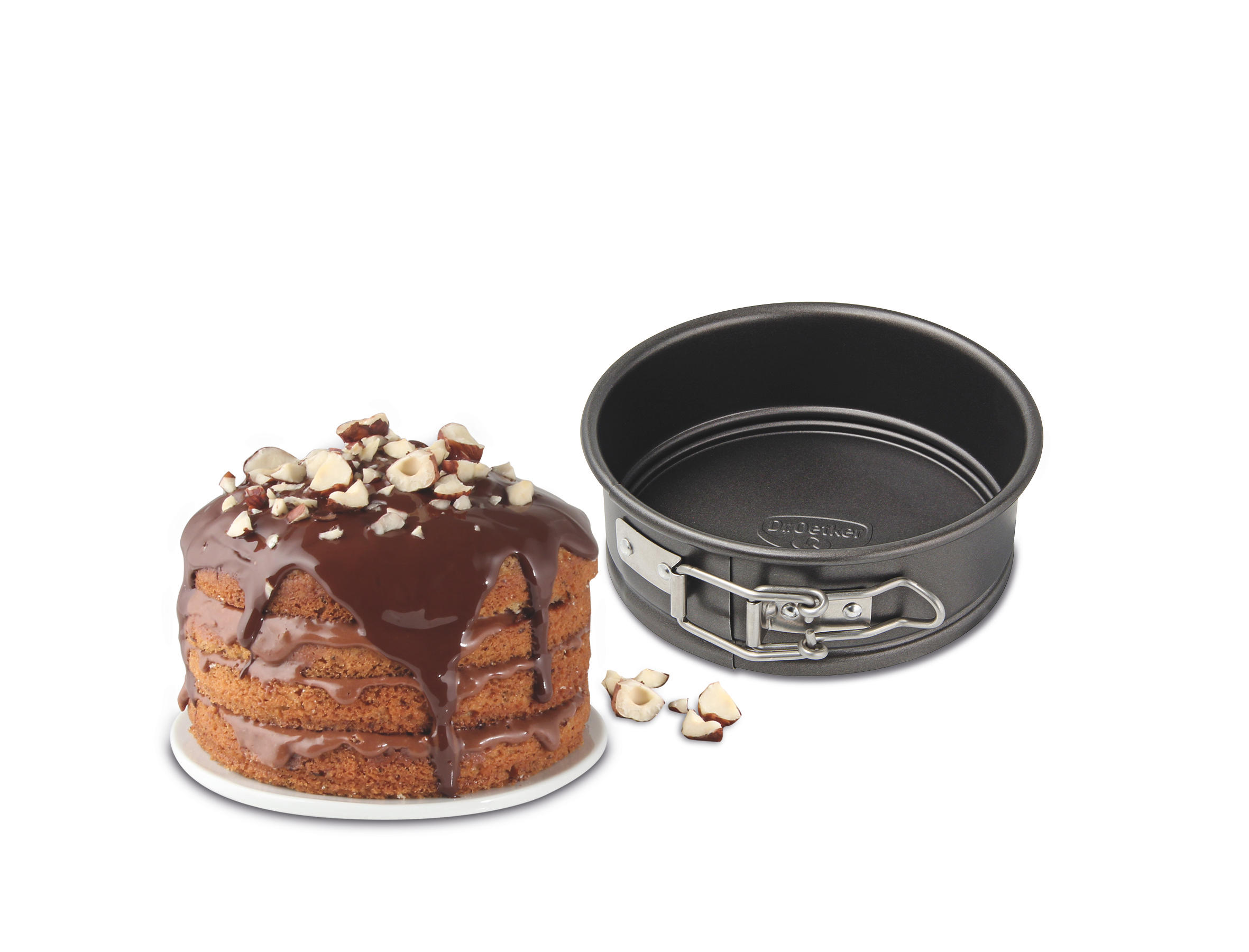 Ein Kuchen und eine Springform. Kuchen mit Schokoladenglasur und Nüssen. Die Form ist leer, neben dem Kuchen.
